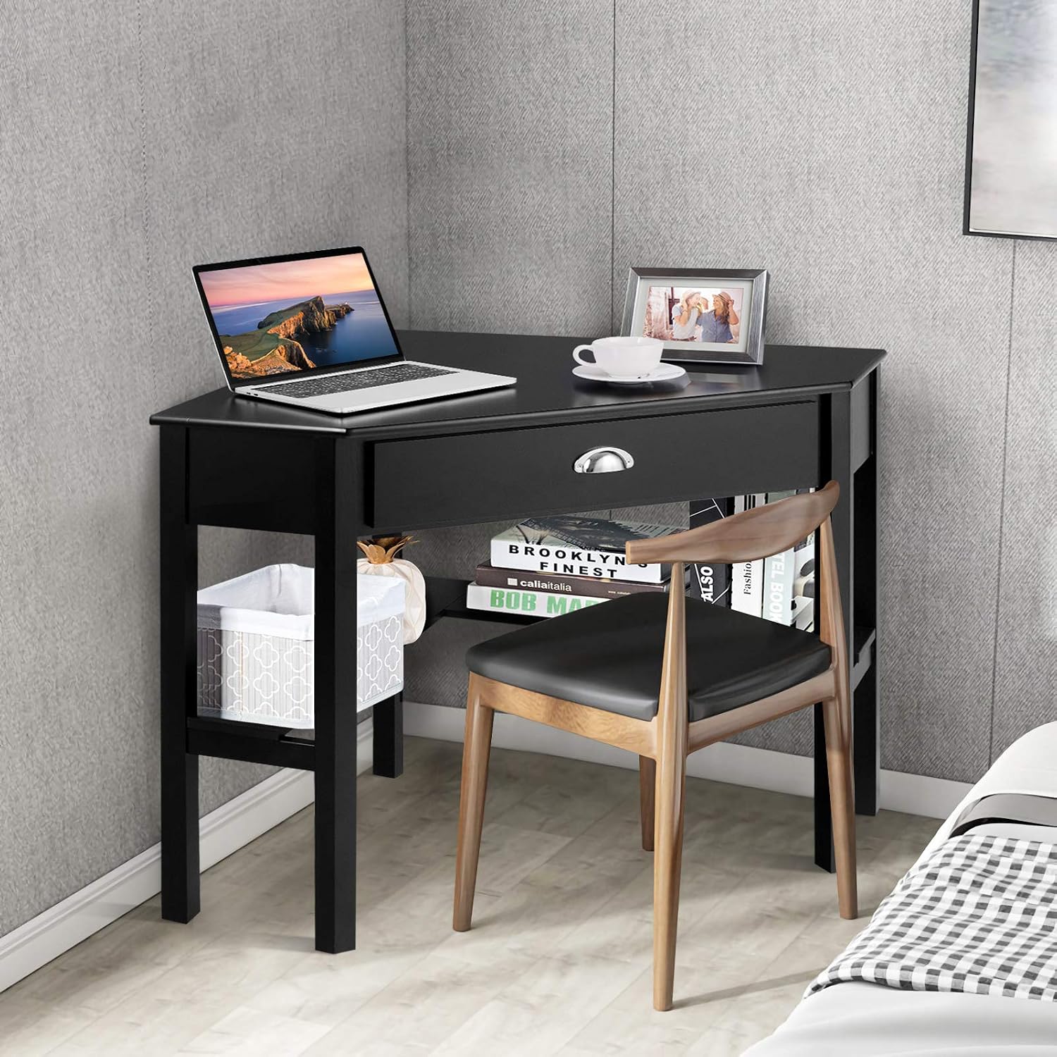 DORTALA Corner Desk, Writing & Study Corner Computer Desk, Laptop PC Table, Wood Home Office Desk, Small Corner Desk w/Storage Drawer, Shelves, Office Study Workstation, White Corner Desk (Black)