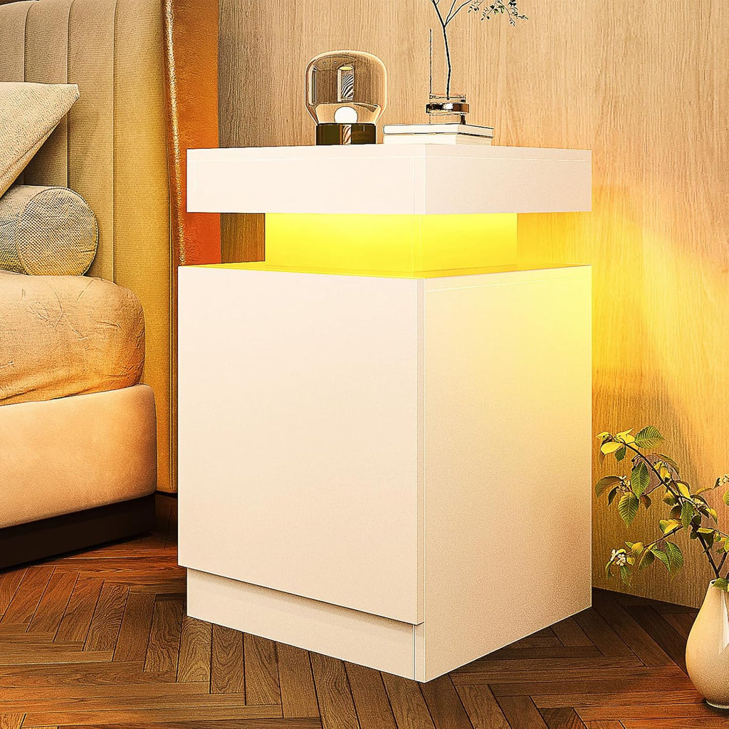 Nightstands Set 2, 17 Inches Modern Bedside Table with LED Lights, LED Night Stand Set of 2, High Gloss Surface, Side Table with Storage for Bedroom, White