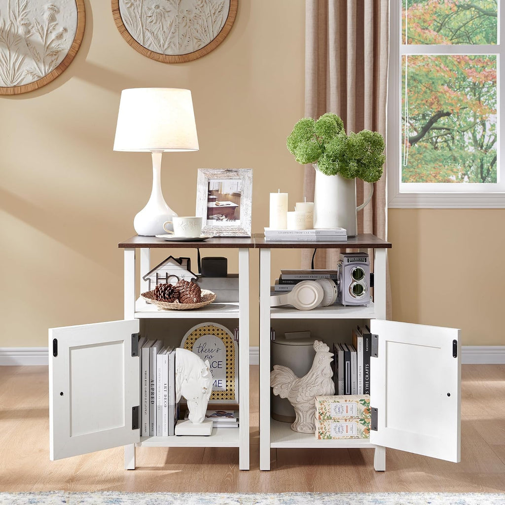 IFGET Farmhouse Nightstand Set of 2, End Table with Charging Station, Rustic Side Table w/Barn Door & Open Shelves, Bedside Table w/Storage Space and Storage Cabinet for Bedroom, Living Room (White)