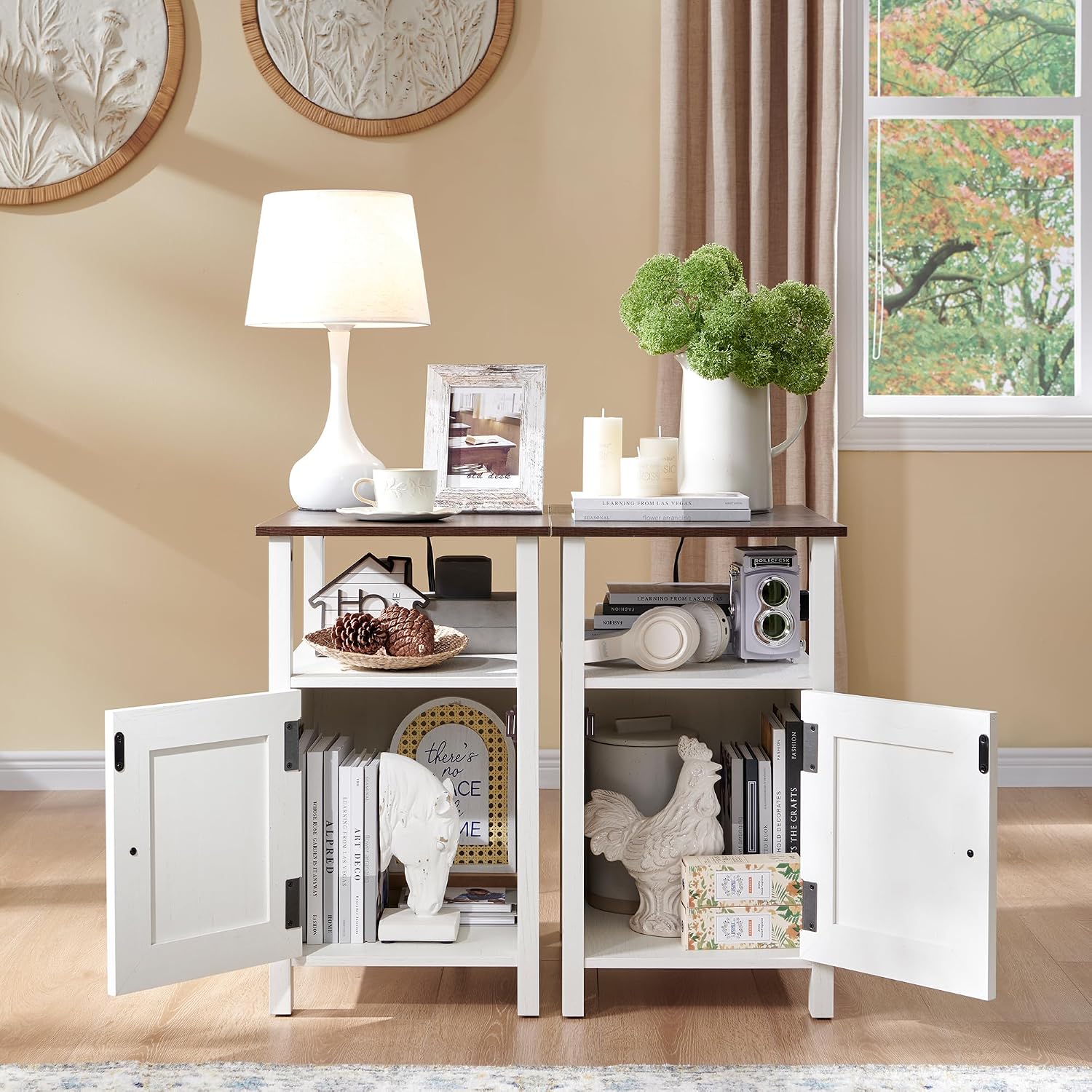 IFGET Farmhouse Nightstand Set of 2, End Table with Charging Station, Rustic Side Table w/Barn Door & Open Shelves, Bedside Table w/Storage Space and Storage Cabinet for Bedroom, Living Room (White)