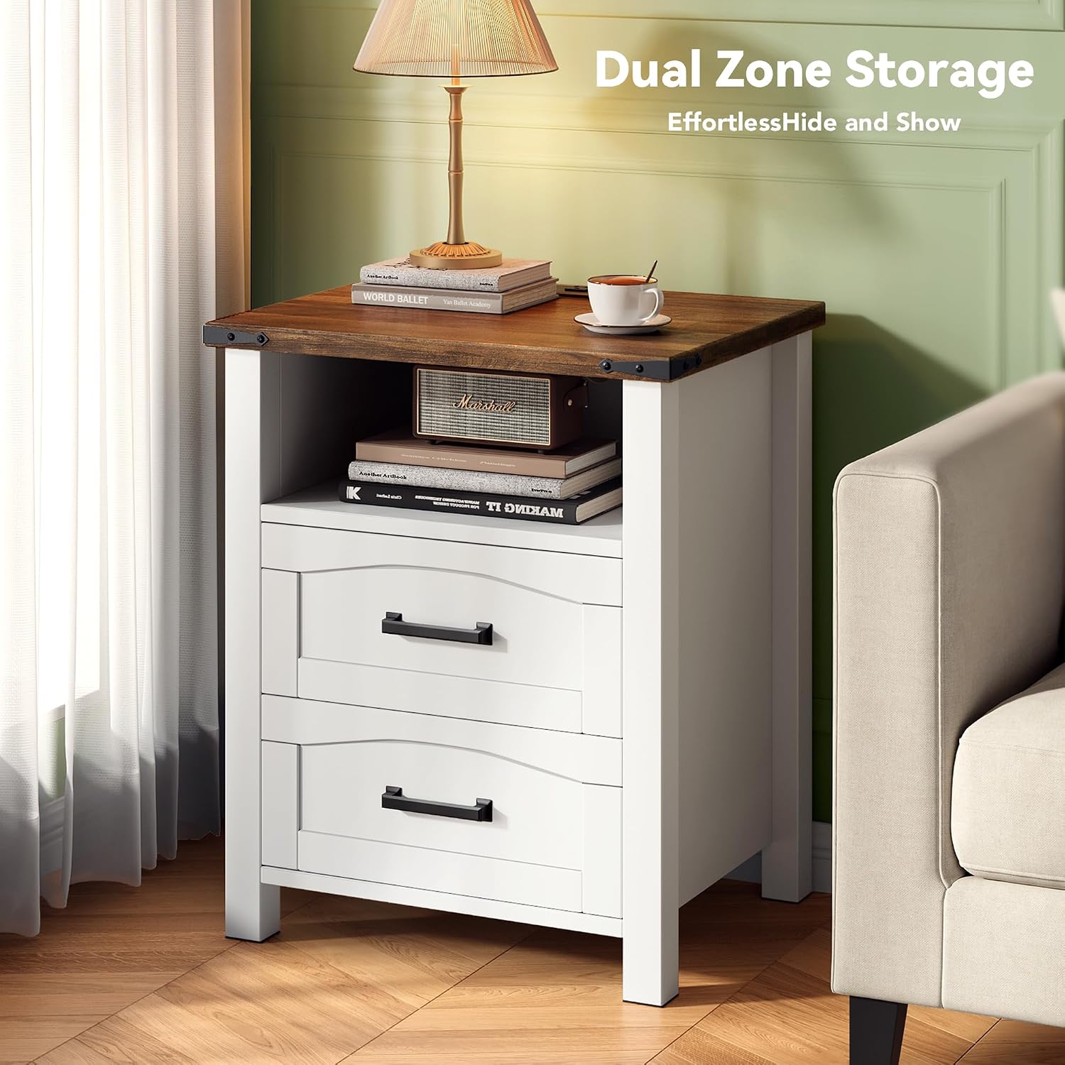 Decofy Farmhouse Nightstand Set of 2 with Charging Station, 18'' Wide Rustic End Table with USB/Type-C Ports, 2 Drawers & Open Shelf, Wood Bedside Table for Bedroom, White