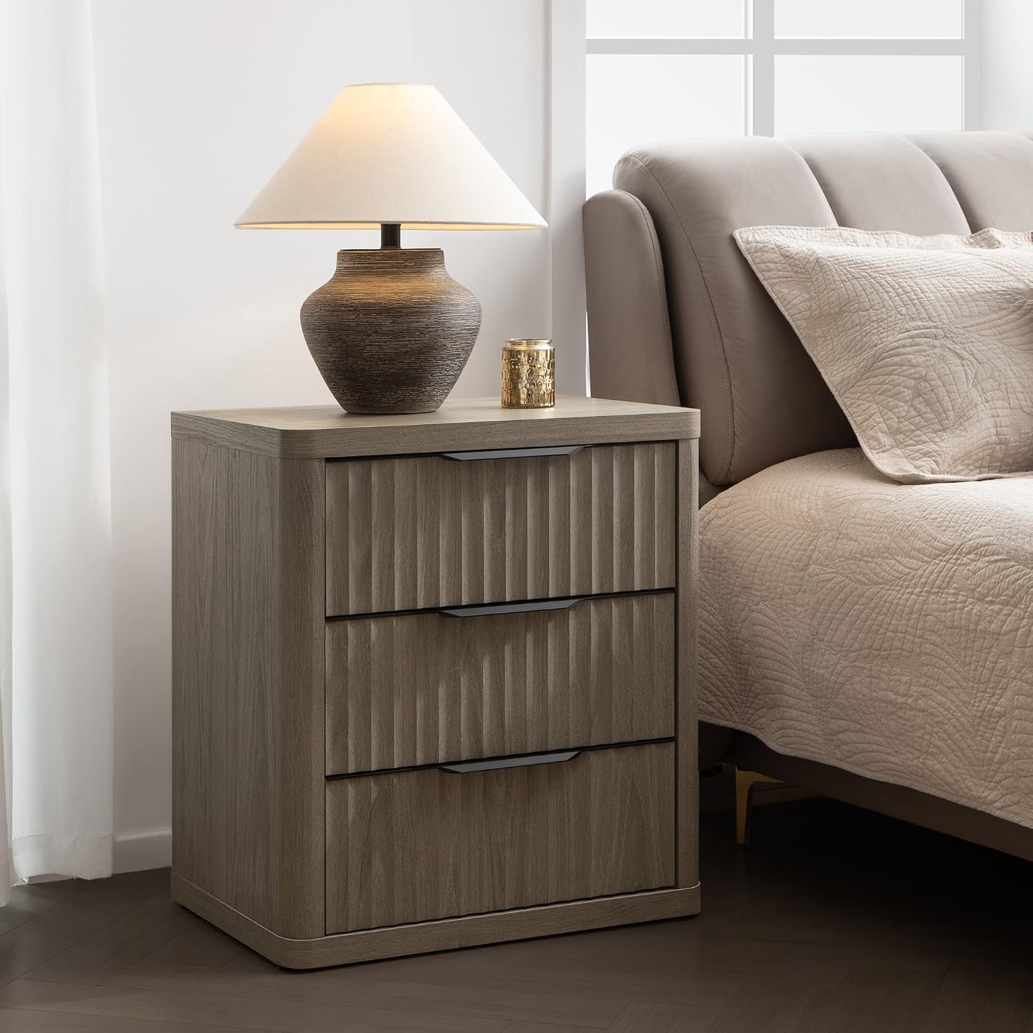 SICOTAS Night Stand Set of 2 Nightstands with 3 Drawers Storage Bedside Table Large Fluted Bed Side End Table Modern 25.6' Tall Wide Night Stands for Bedroom Living Room Sofa Couch Office, Grey Alder