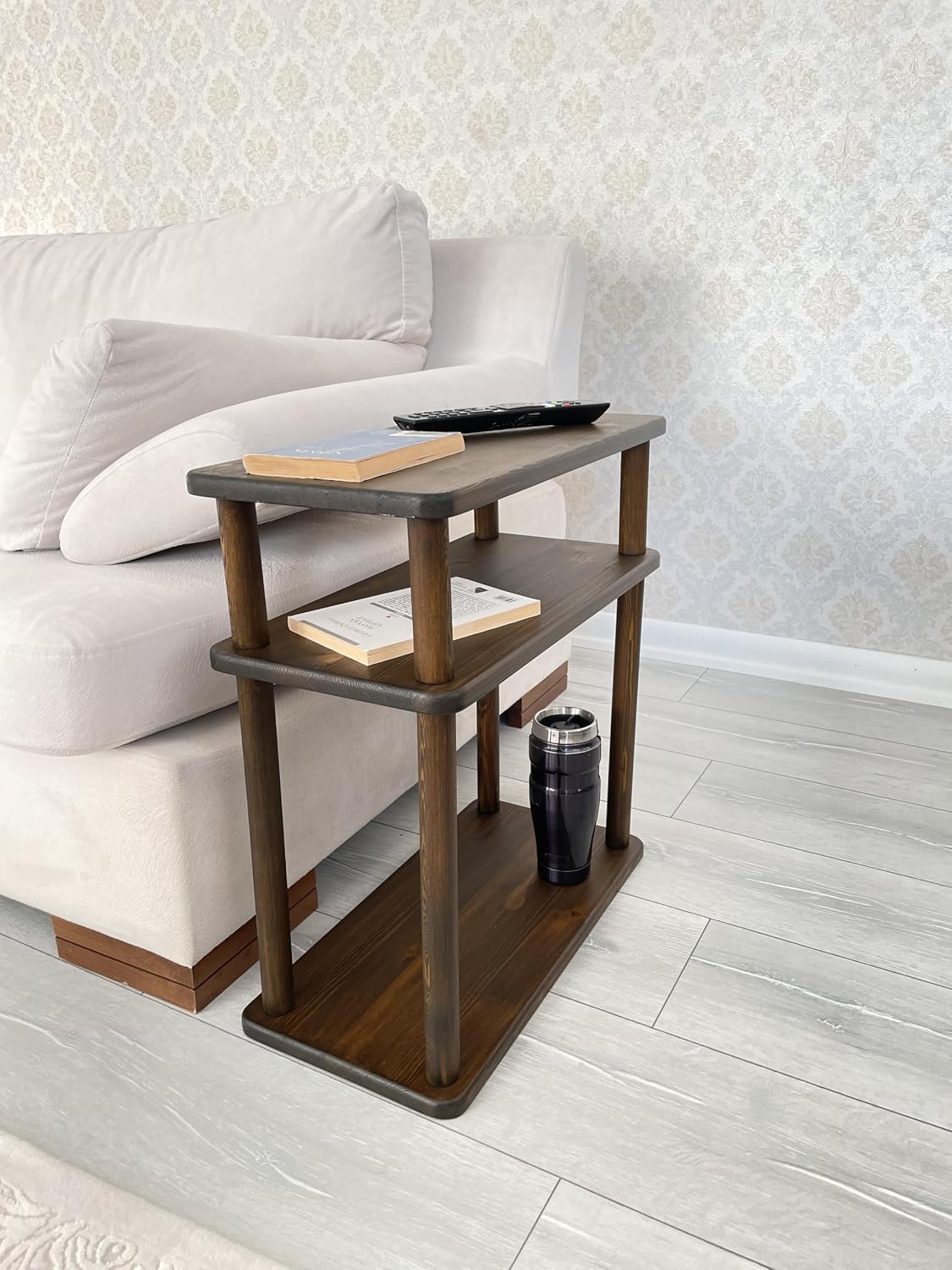 Handcrafted Solid 3-Tier Narrow Side Table, 10 Inch Pine Wood End Table for Living Room with Storage, Slim Bedside Table for Small Spaces, Nursery, Bedroom, Office (Walnut, Tall)