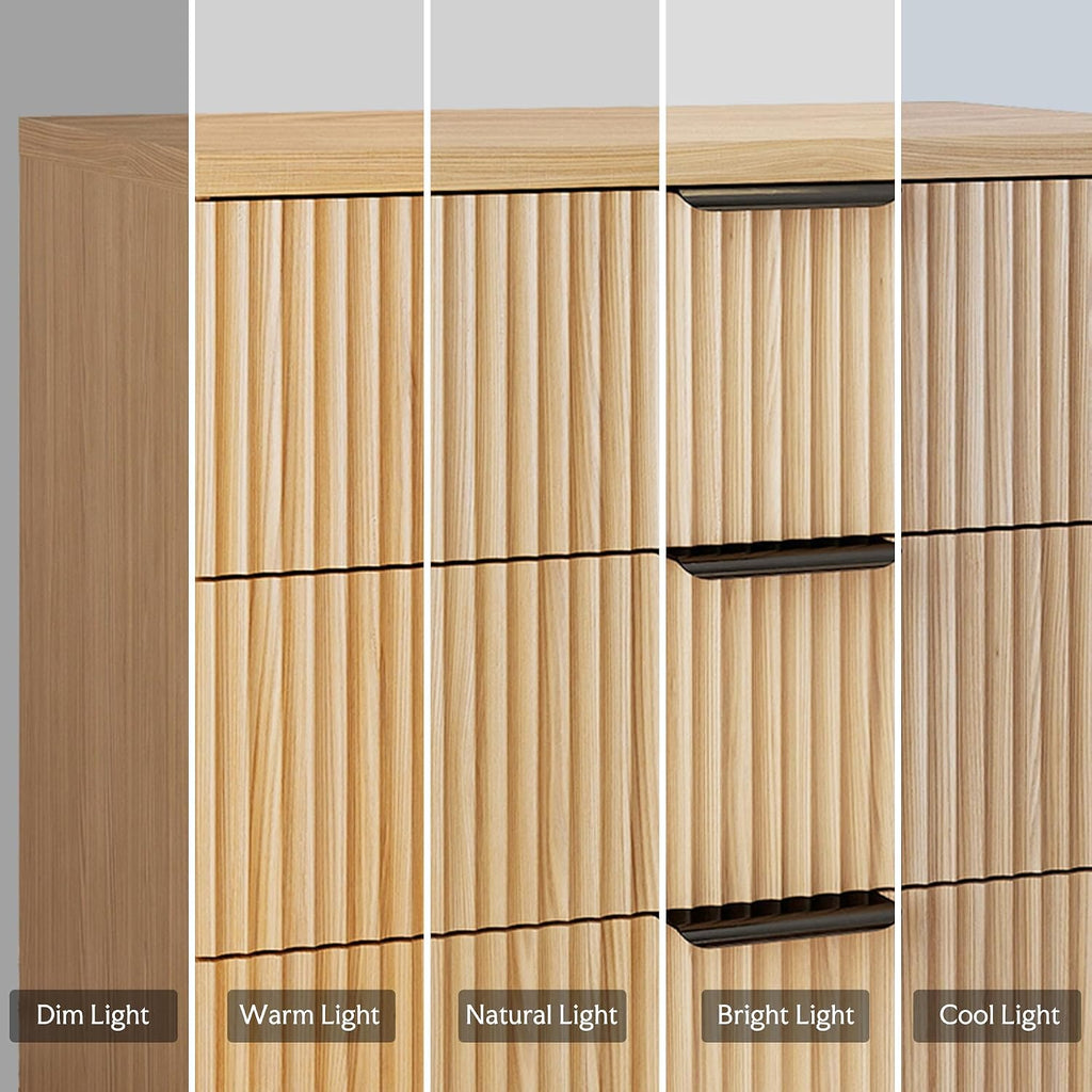 25.6' W Fluted Nightstand with 3 Drawer Dresser, Modern Wood Night Stands Bedside Table for Bedroom King/Queen Bed, End Table with Robot-Friendly Legs for Living Room,Entry (3 Drawers-1pcs-Natural)