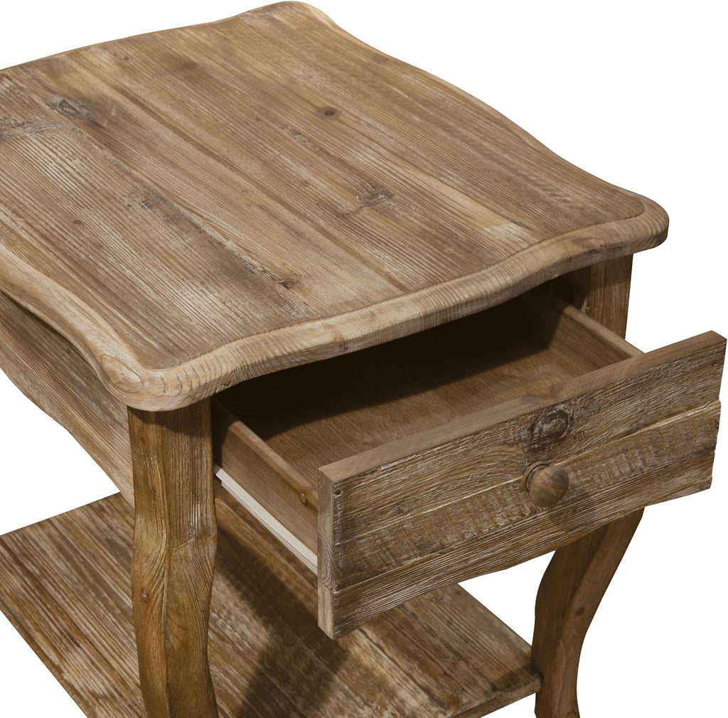 Austerity 20-Inch Rectangular Rustic Solid Wood End Table with Drawer and Shelf – Cedar Wood, Driftwood Finish, Queen Anne Legs, Scalloped Edges – Living Room Accent Table by Alaterre Furniture