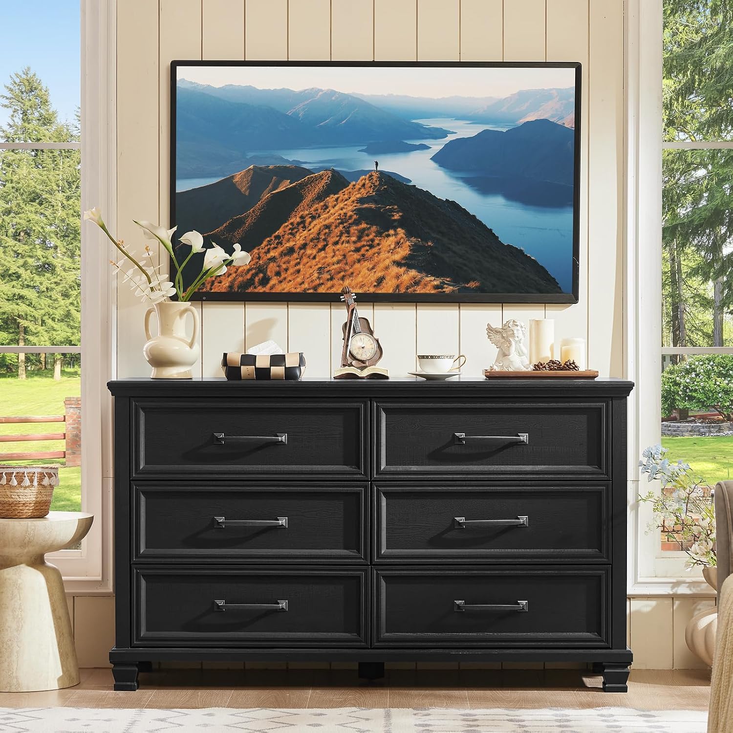 SAVOR LIFE Farmhouse Black 6 Drawer Dresser for Bedroom, 54 inch Wide Vintage Large Chest of Drawers with Square Wood Legs, Rustic TV Console for Living Room, Wooden Storage Closet Dressers for Home