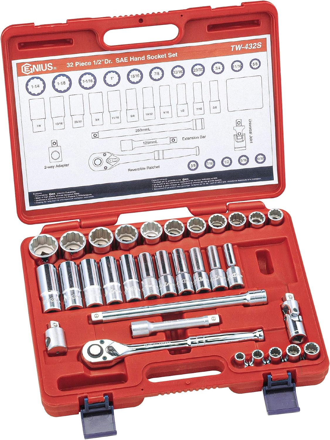 Genius Tools 32 Piece 1/2' Dr. SAE Hand Socket Set (12-Point) TW-432S
