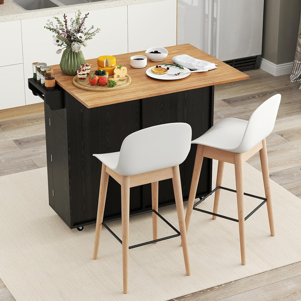 Rolling Kitchen Island with Trash Can Storage Cabinet, Drop Leaf Breakfast Bar Table, Towel Holder, 2 Drawers & Door Racks, 4 Rubber Wheels, Wood Island Table for Kitchen (Black)
