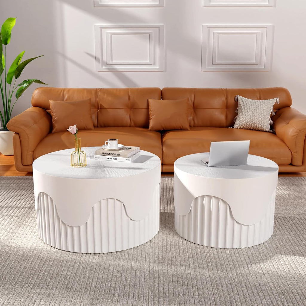 Fluted Round Nesting Coffee Table Set of 2, Modern Unique Circle Coffee Table, Drum Side Tea Table, Space-Saving for Living Room, Bedroom, Balcony, Office, No Assembly (26.77'+19.69' White A)
