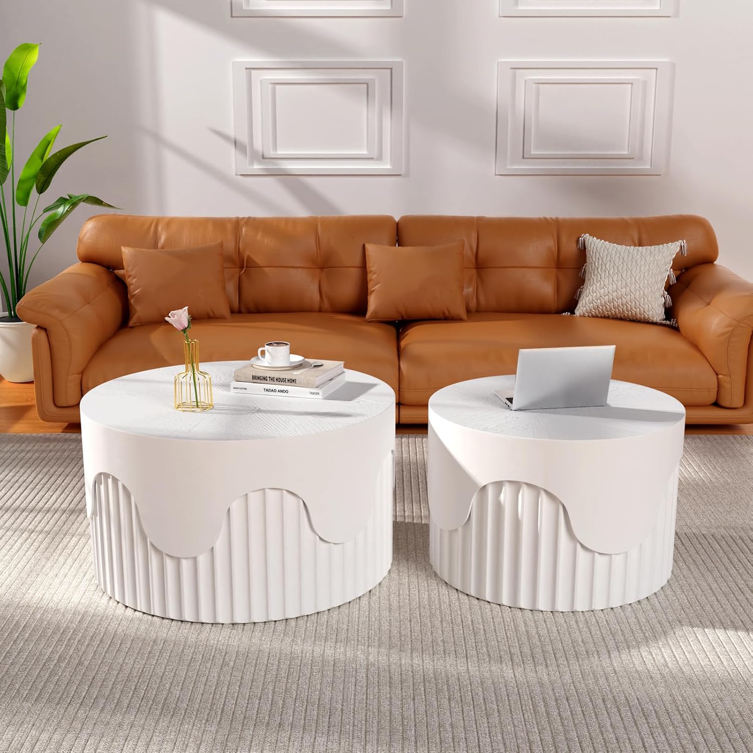Fluted Round Nesting Coffee Table Set of 2, Modern Unique Circle Coffee Table, Drum Side Tea Table, Space-Saving for Living Room, Bedroom, Balcony, Office, No Assembly (26.77'+19.69' White A)