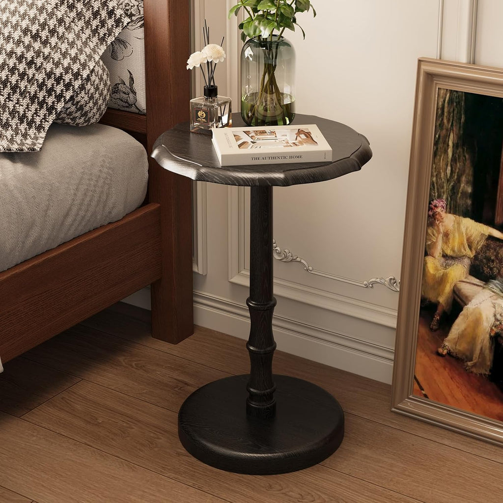 100% Solid Wood Round Pedestal Side Table, Vintage End Table for Living Room Bedroom, Heavy-Duty Antique Accent Table for Corner Spaces, Small Bedside Nightstand, 5-Min Assembly, Black