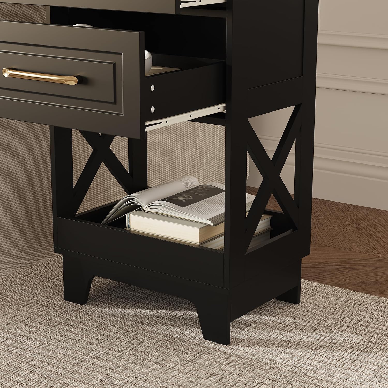 Tall Nightstand Set of 2 Side Table with 2 Drawers Modern Night Stand Wooden End Table Bedside Table with Below Open Shelf Solid Feet for Bedroom Black