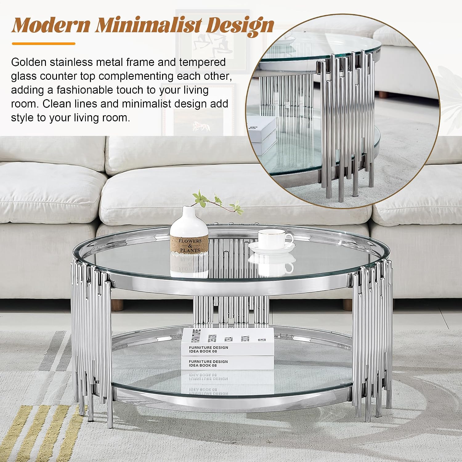 Round Glass Coffee Table Set of 3, Silver Living Room Table Set with Coffee Table and 2 End Table, 2-Tier Glass Table with Stainless Steel Legs and Clear Tempered Glass for Living Room