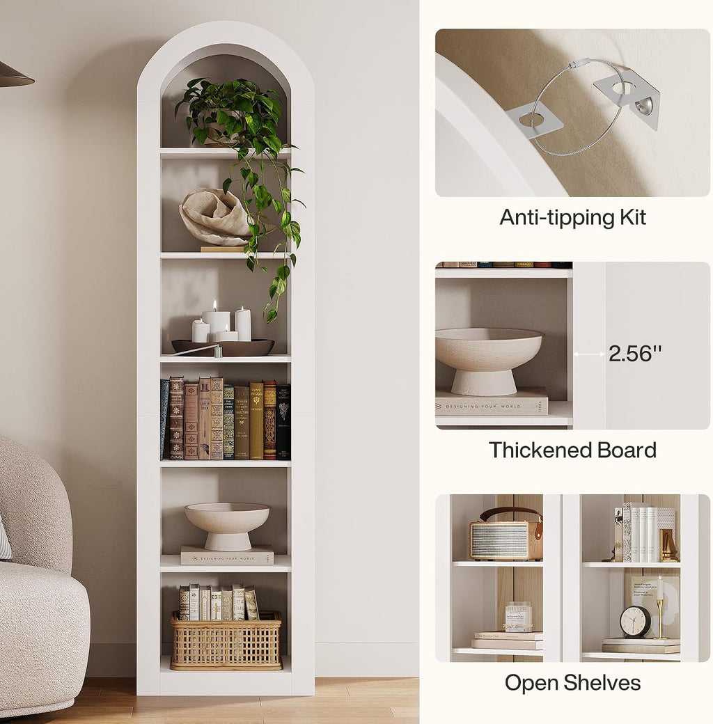 Tribesigns 74.8' Tall Arched Bookshelf, 6-Tier Narrow Open Bookcase, Floor Standing Corner Display Shelves Storage Organizer for Small Space, Home Office, Living Room (Warm White, 1 PC)