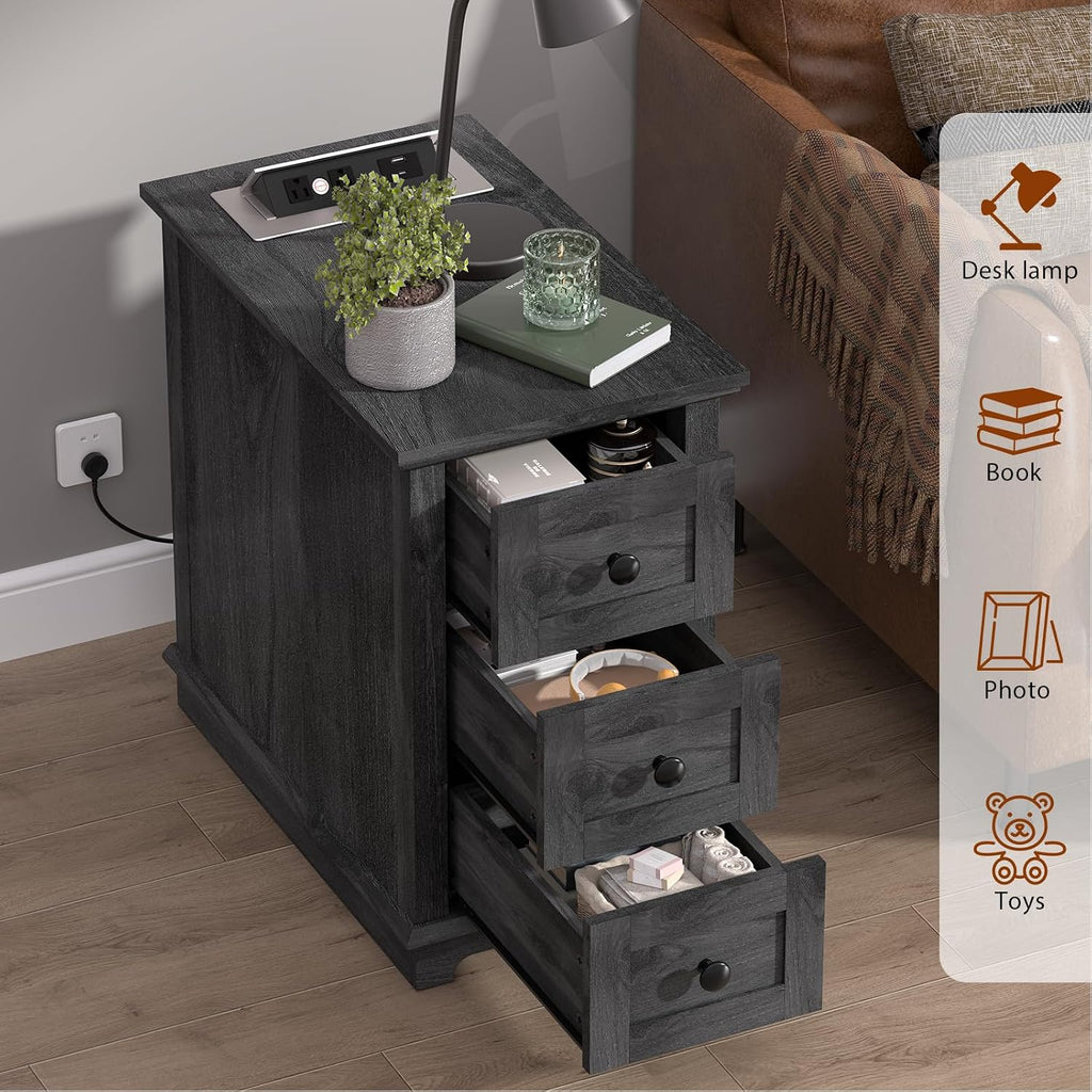 HIFYOBRO 3 Drawer Flip Top End Table with Charging Station, Narrow Wooden Side Table with Storage, Multifunctional Nightstand for Living Room & Bedroom