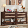 LEYAOYAO 31.5' Wide Rattan Night Stand, Large Boho Nightstand, Bedside Table with Storage, Tall Bed Side End Tables, Chest of Drawers for Bedroom, Living Room, Hallway（Walnut,2 Drawers with Charger,2）