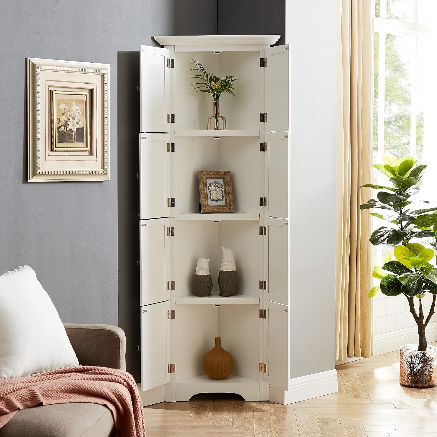 72' Tall Corner Storage Cabinet with Doors and 4 Shelves, Free Standing Corner Hutch Cabinet Kitchen Pantry Storage Cabinet Bookshelf Cabinet for Kitchen Living Room Bedroom (White)