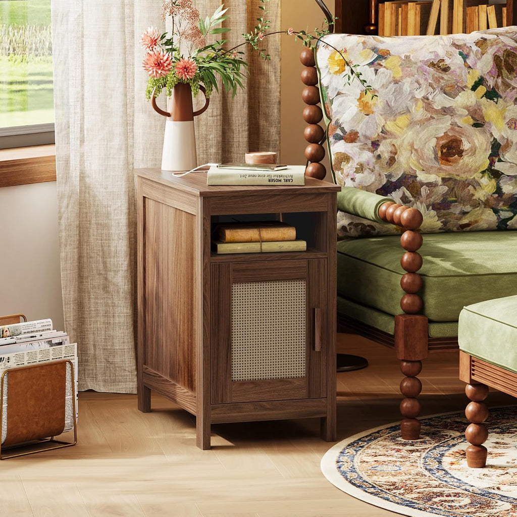 Huuger Narrow Night Stand Set of 2, End Table with Charging Station, USB-C Port, Rattan Side Table with Cabinet and Open Shelf, Synthetic Rattan, for Small Spaces, Bedroom, Walnut