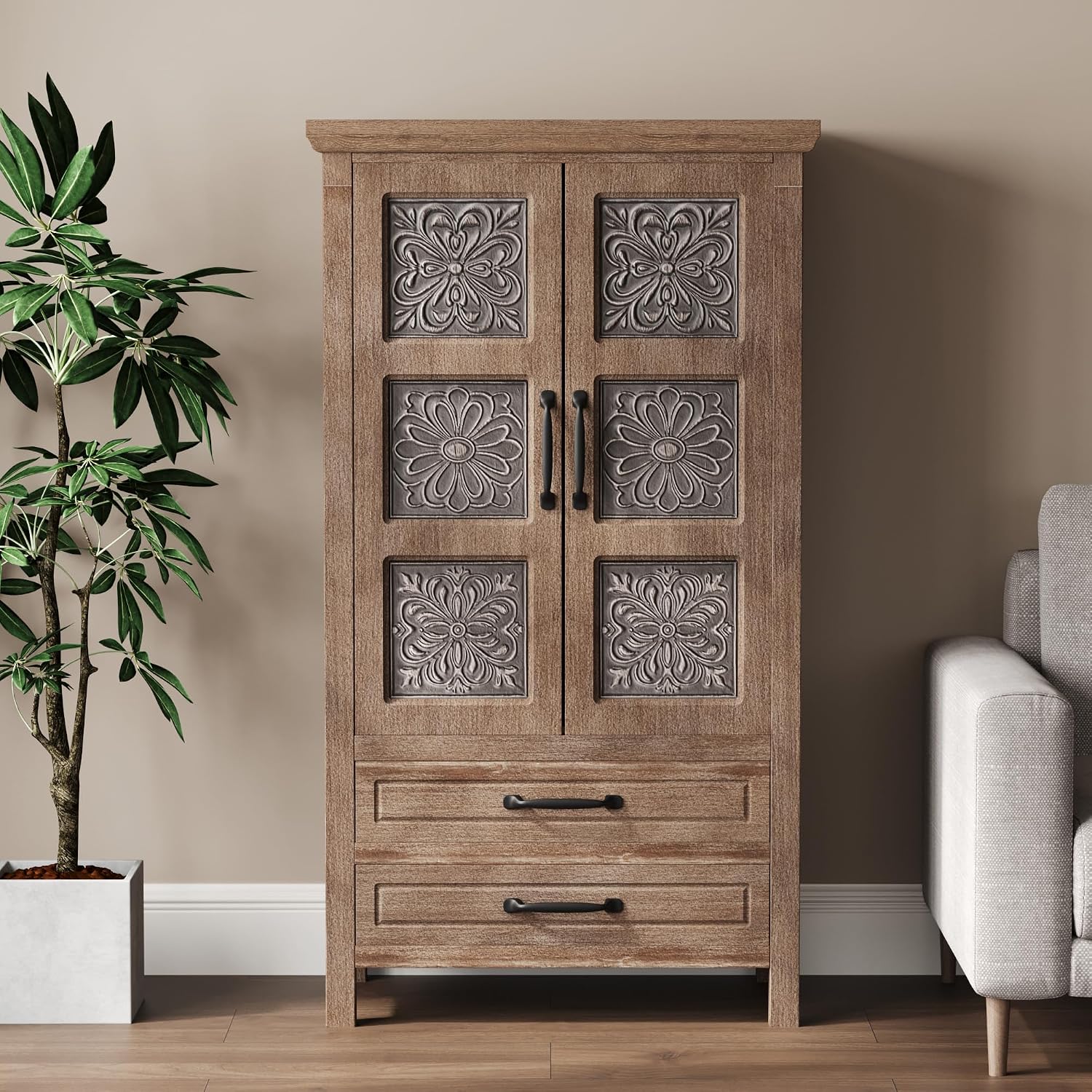 COSIEST 48' Tall Farmhouse Accent Cabinet with Doors and 2 Drawers, Rustic Wood Storage Buffet, Embossed Metal Floral Carving Chest with Adjustable Shelves for Living Room, Entryway, Dining Room