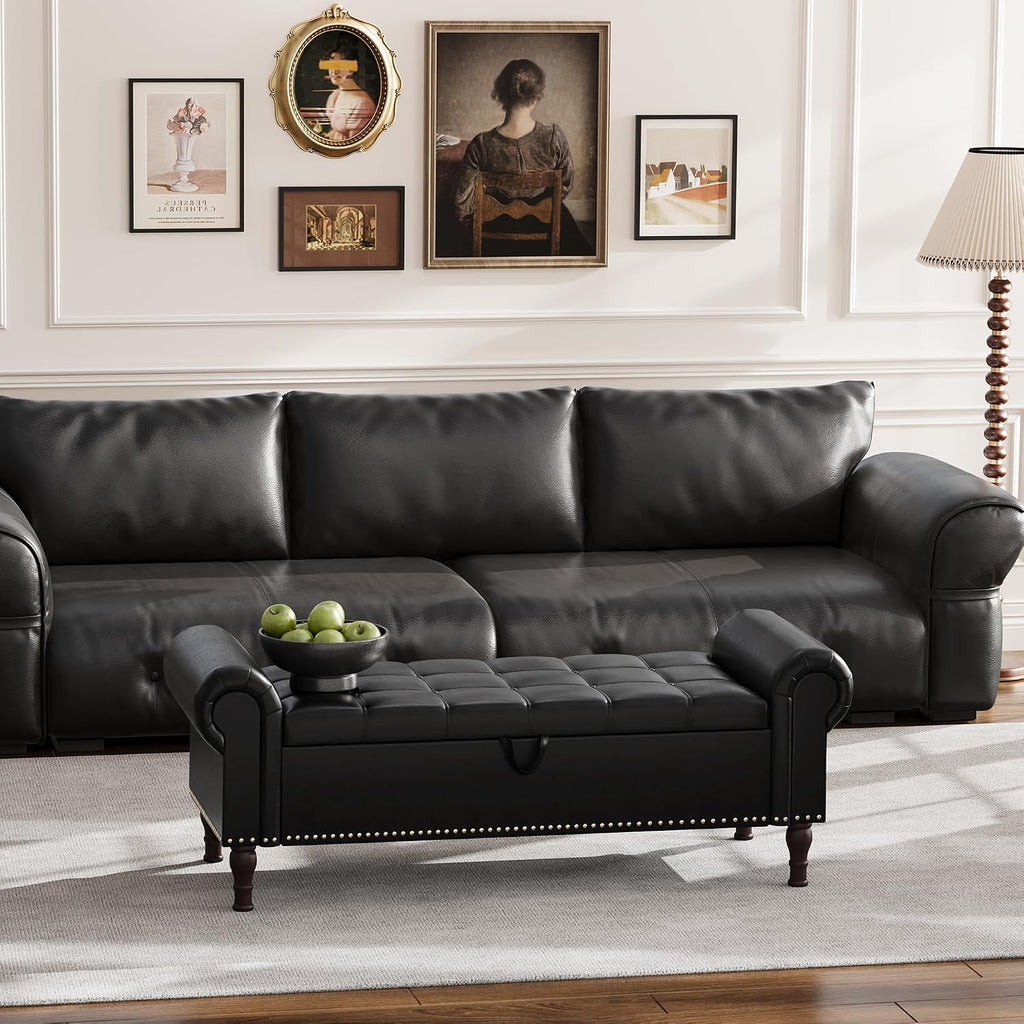 Apicizon 51' Bench with Storage, Queen Size Faux Leather End of Bed Bench with Tufted Button, Ottoman Bench with Rolled Arms & Vintage Rivets for Foot of Bed, Living Room, Entrance, Black