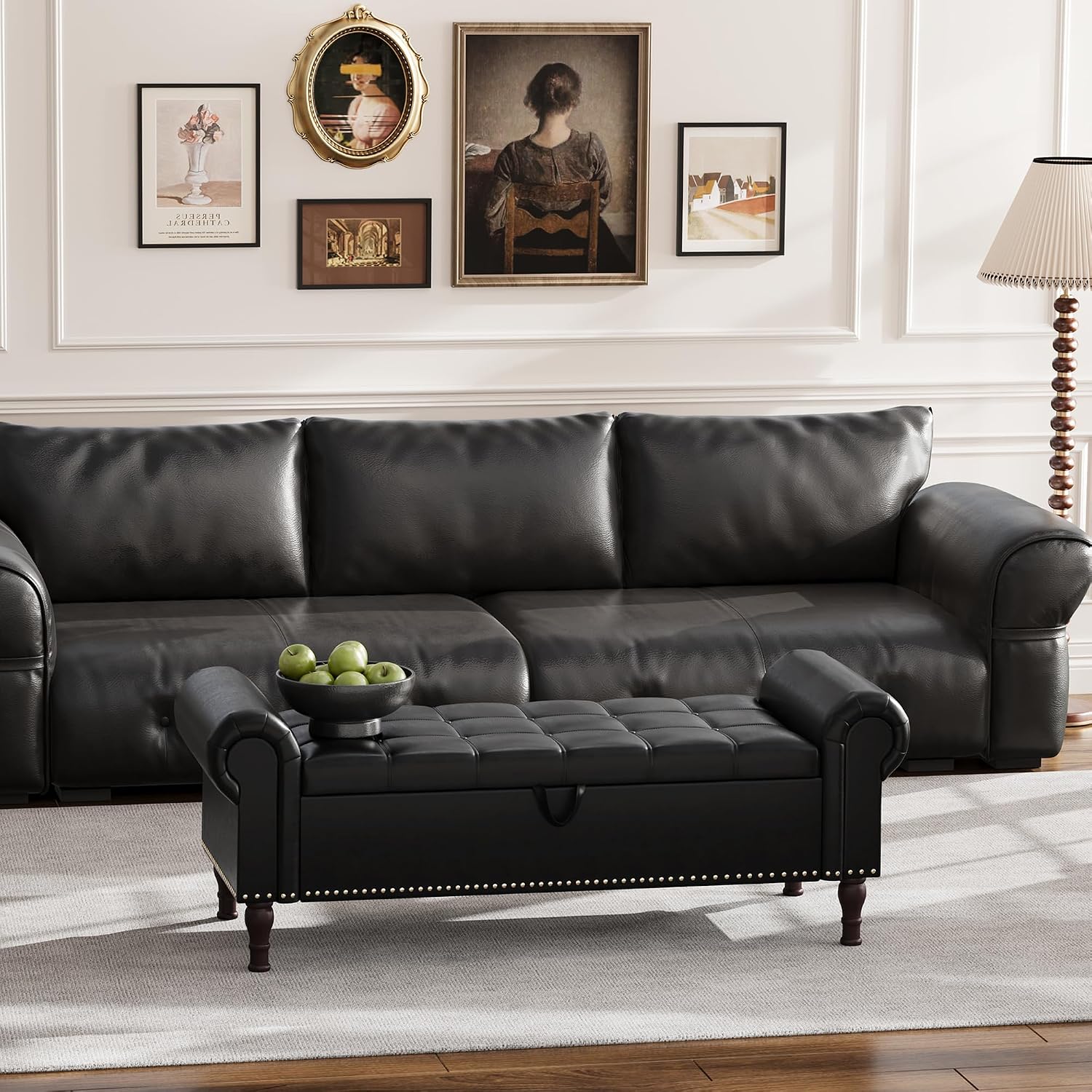 Apicizon 51' Bench with Storage, Queen Size Faux Leather End of Bed Bench with Tufted Button, Ottoman Bench with Rolled Arms & Vintage Rivets for Foot of Bed, Living Room, Entrance, Black