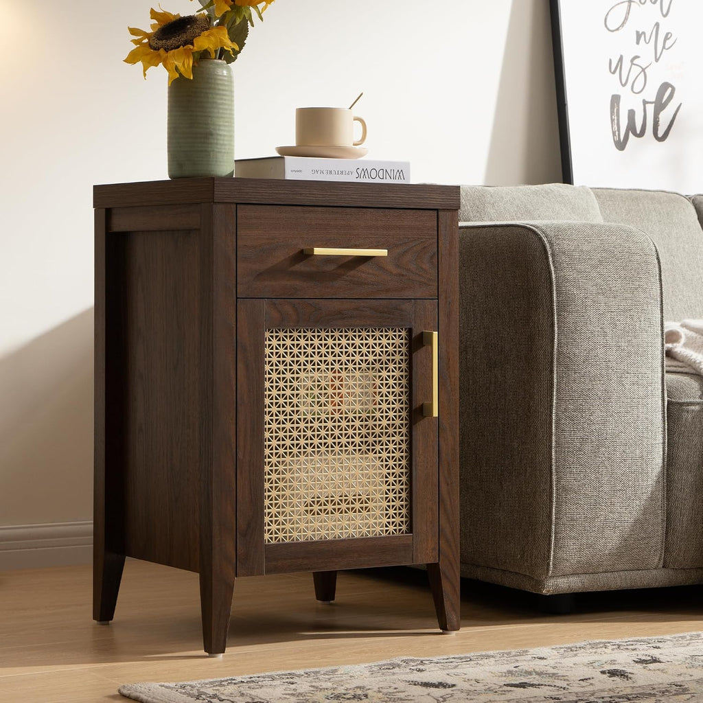 SICOTAS Tall Nightstands Set of 2 with Drawer, Mid Century Modern Wooden Night Stand Rustic Bedside Tables with Storage, Vintage End Tables with Metal Mesh Door for Bedroom, Espresso Walnut