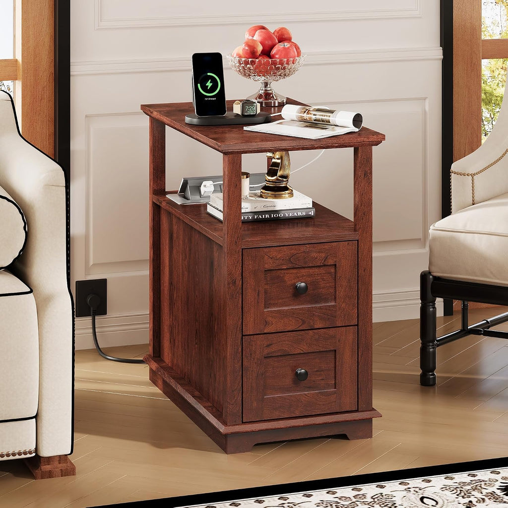 WLIVE End Table with Charging Station, Narrow Side Table for Living Room, Farmhouse Nightstand with Storage, Small Wooden Cabinet with USB Ports and Outlets for Living Room and Bedroom, Cherry