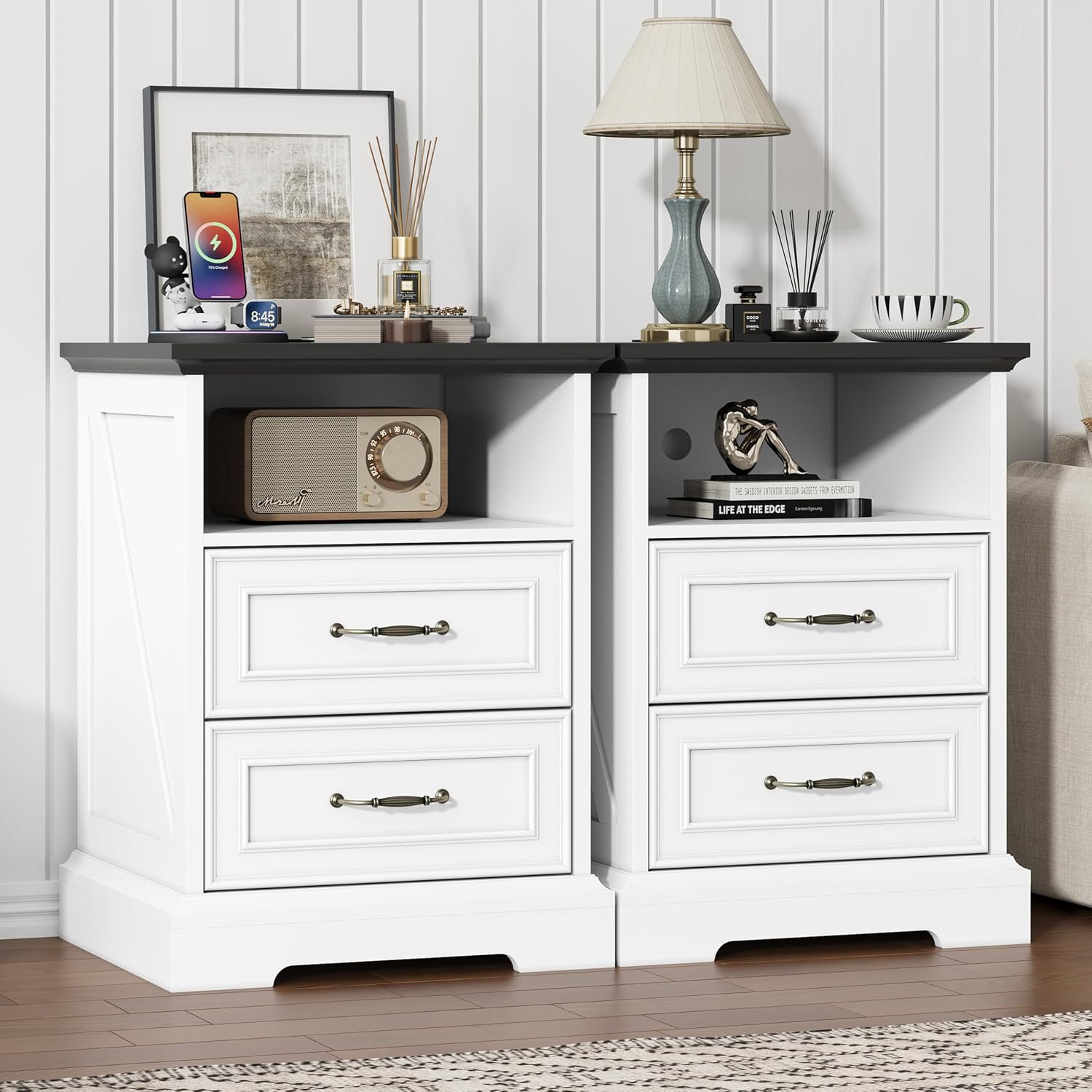 Nightstand with Charging Station,18' Wide End Table with 2 Large Drawers & Metal Handles,Rustic Farmhouse Wood Small Dresser,Bedside Table,Modern Chest of Drawers for Bedroom,Living Room,Off White
