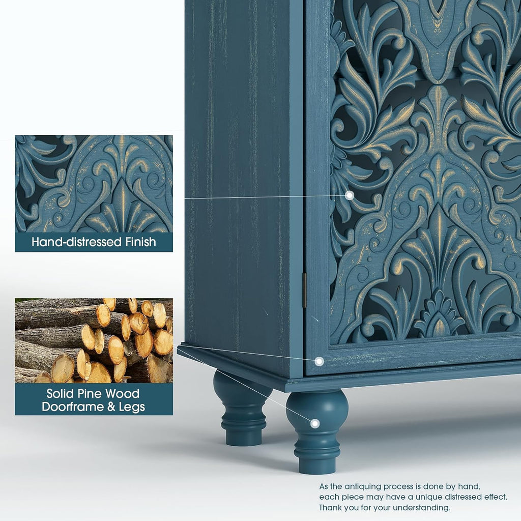 JOINICE 47' Tall Accent Cabinet with Navy Blue Mandala Carved Doors, Solid Wood Legs Storage Cabinet with 100 lbs Capacity, Boho Farmhouse Sideboard Buffet for Entryway, Living Room & Coffee Bar
