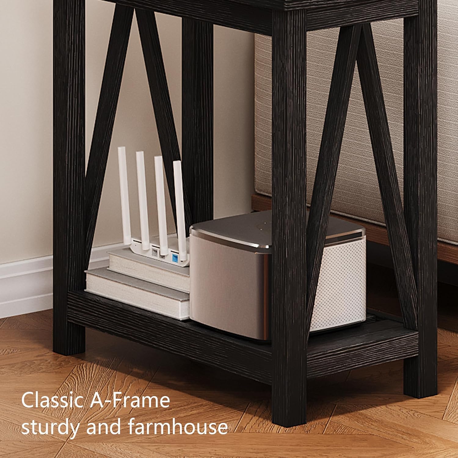 ChooChoo Farmhouse End Table Set of 2, Rustic Vintage Narrow End Side Table with Storage Shelf for Small Spaces, Nightstand Sofa Table for Living Room, Bedroom Black
