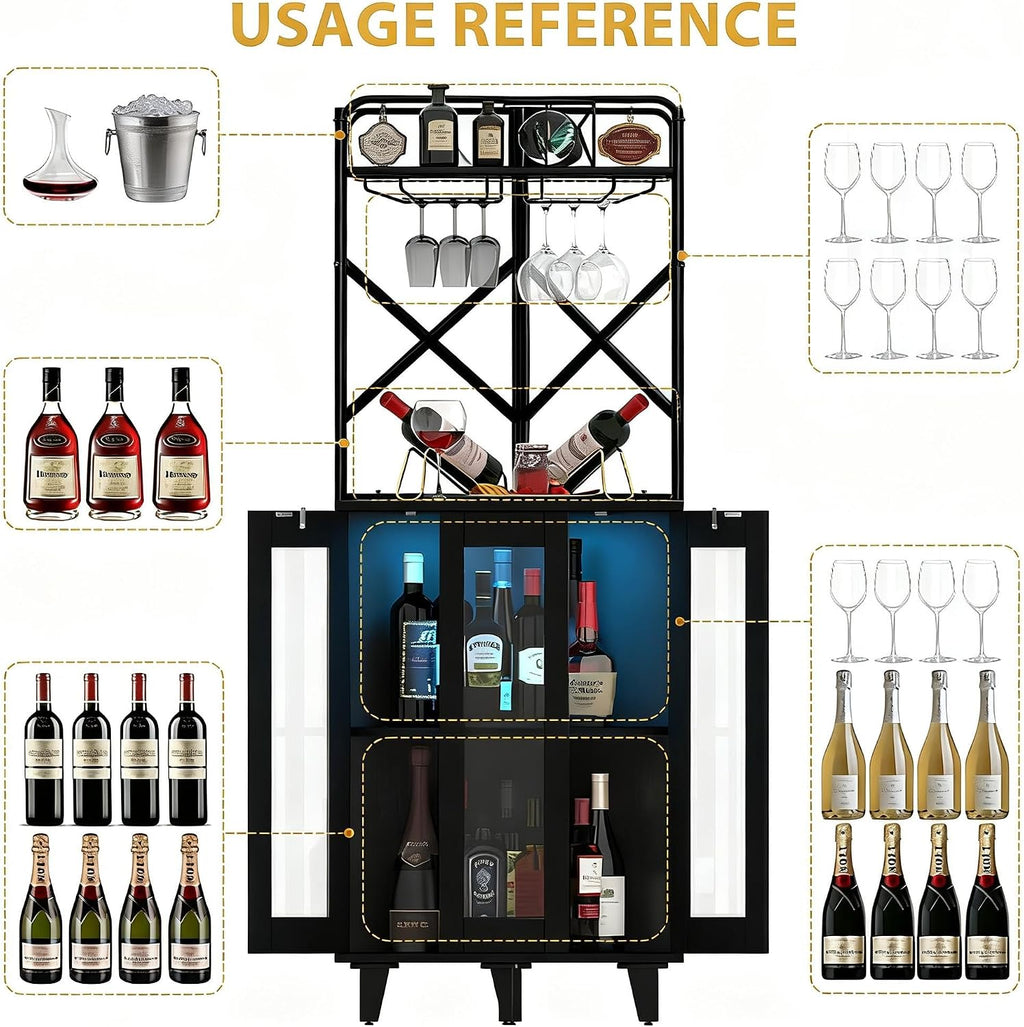 COCO DESIGN Corner Wine Cabinet with Lockable Glass Door & LED Light, 4-Tier Liquor Bar Unit, Modern Farmhouse Home Bar for Living Room, 2 Wine Racks & 2 Glass Display Trays, All Black