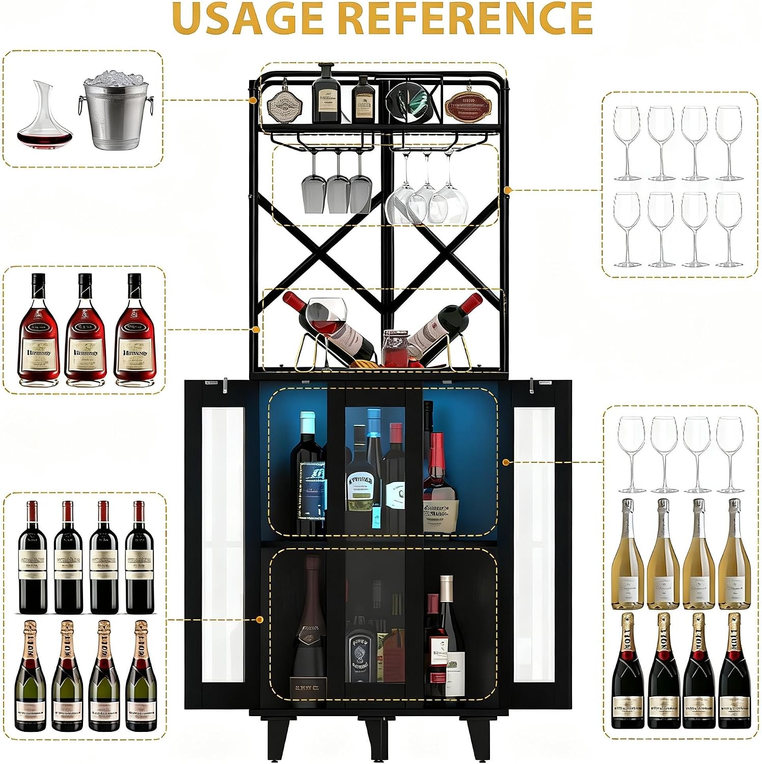COCO DESIGN Corner Wine Cabinet with Lockable Glass Door & LED Light, 4-Tier Liquor Bar Unit, Modern Farmhouse Home Bar for Living Room, 2 Wine Racks & 2 Glass Display Trays, All Black
