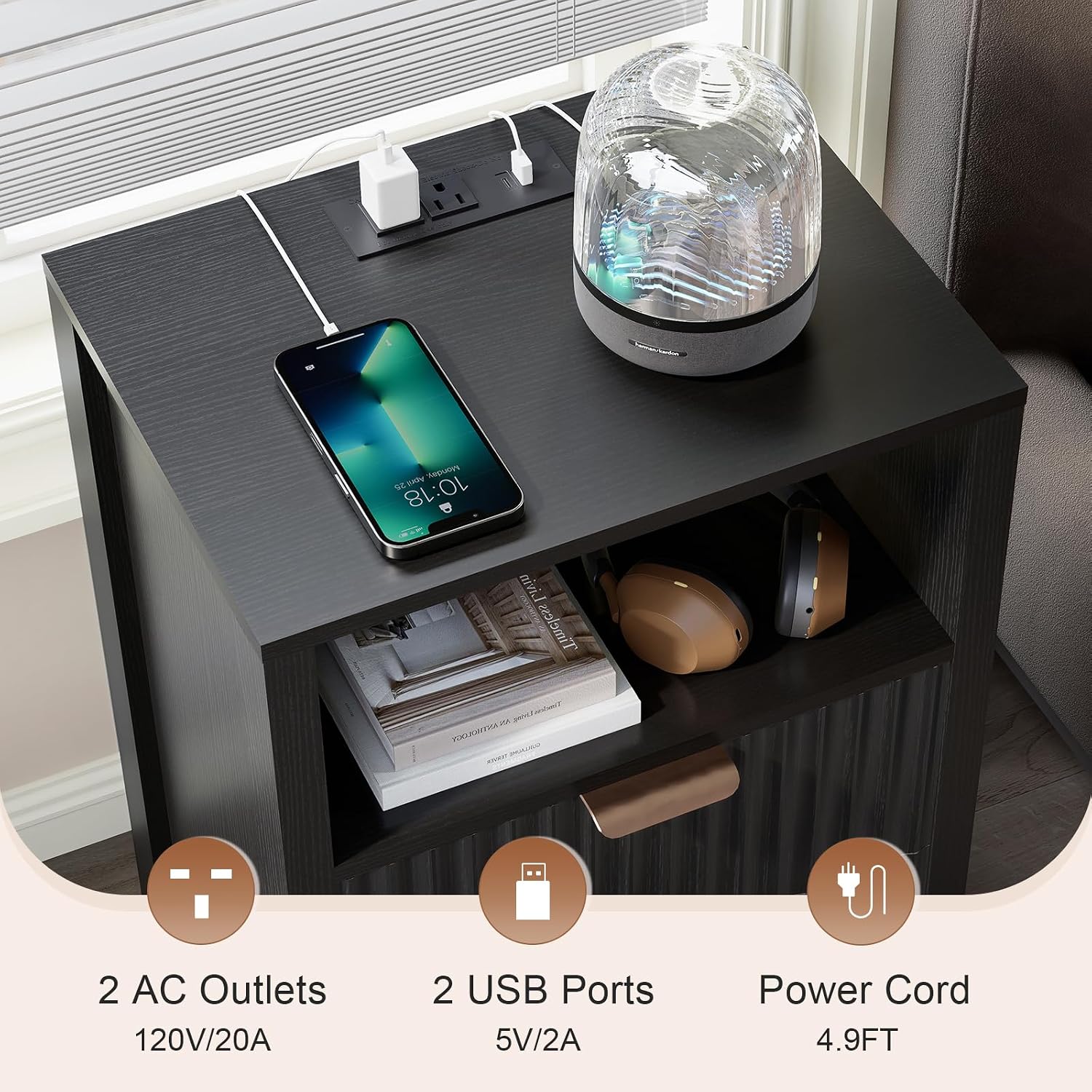 Nasonet Night Stand Set of 2, Fluted End Table Set of 2, Modern Nightstand with Charging Station, Wood Bedside Table with Storage Drawer for Bedroom, Black