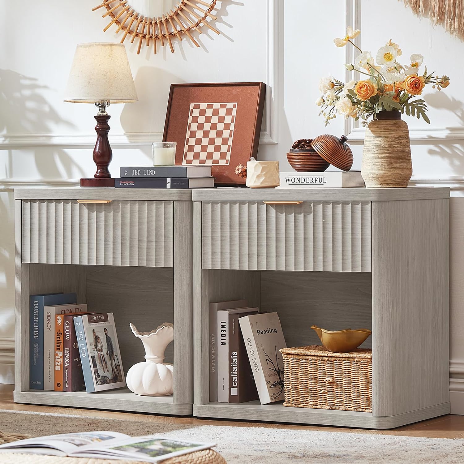 LEYAOYAO Fluted Farmhouse Nightstand Set of 2 with Charging Station, 23' Wide 1 Drawers Night Stand,LightGrey Dresser for Bedroom,Bed Side Table Chest of Drawers,Wood End Table for Living Room