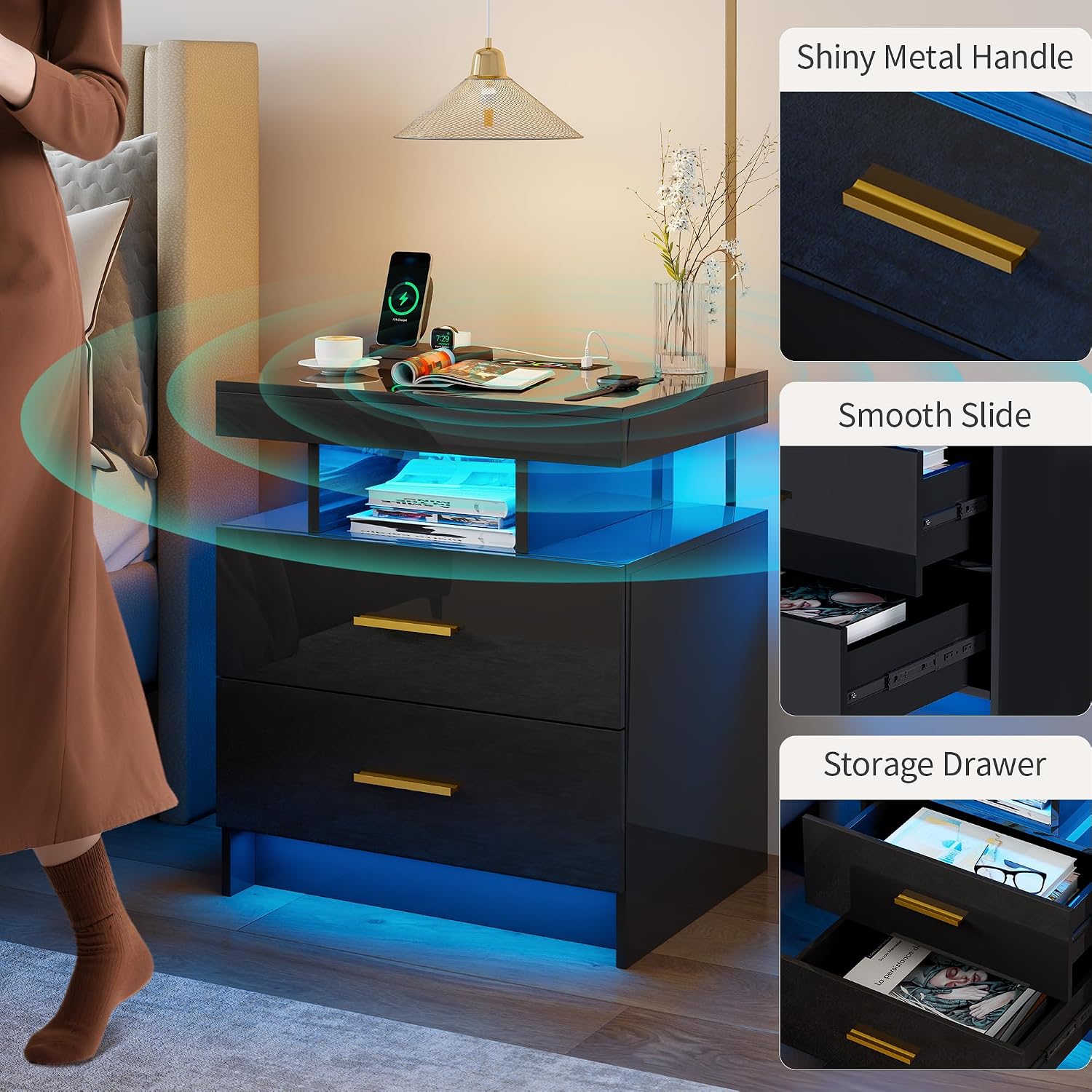 Smart Night Stand Set of 2 with Charging Station, Modern Black Nightstand with 24 Color Lights and 2 Drawers, LED Bedside Tables with Auto Senor,High Gloss End Side Table for Bedroom