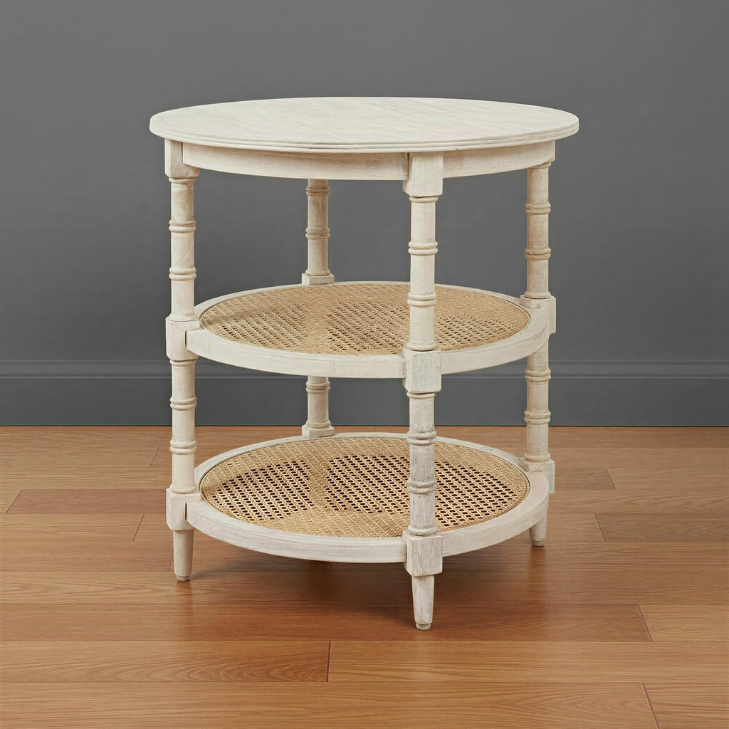 Creative Co-Op Round Solid Wood End Table with 2 Woven Cane Shelves, Distressed White