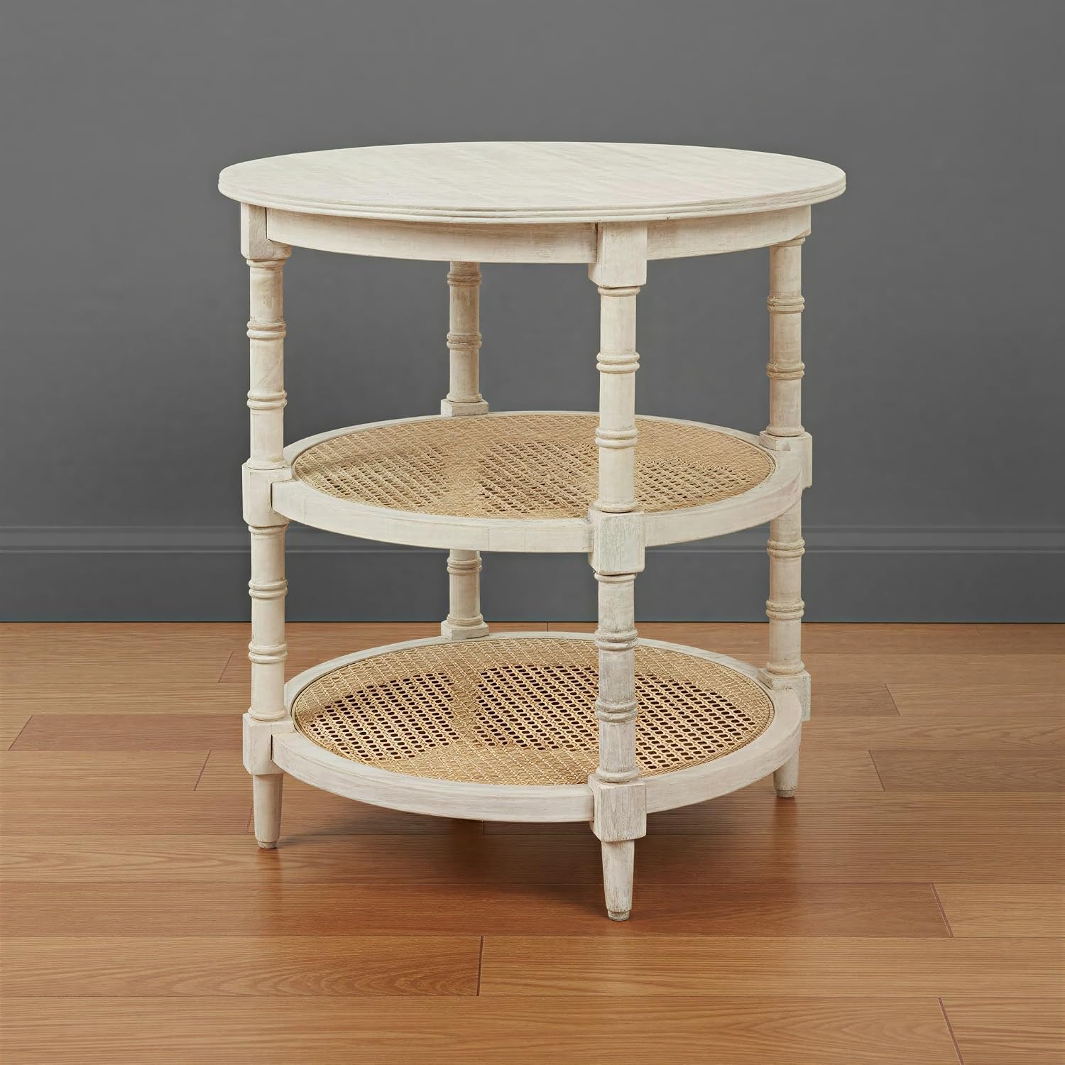 Creative Co-Op Round Solid Wood End Table with 2 Woven Cane Shelves, Distressed White