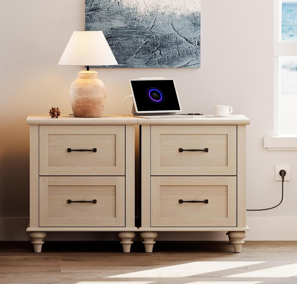 WAMPAT Set of 2 Nightstands Side Table with Charging Station, Beige End Tables with 2 Drawers for Living Room, Elegant Night Stand Bedside Table for Bedroom, Dorm