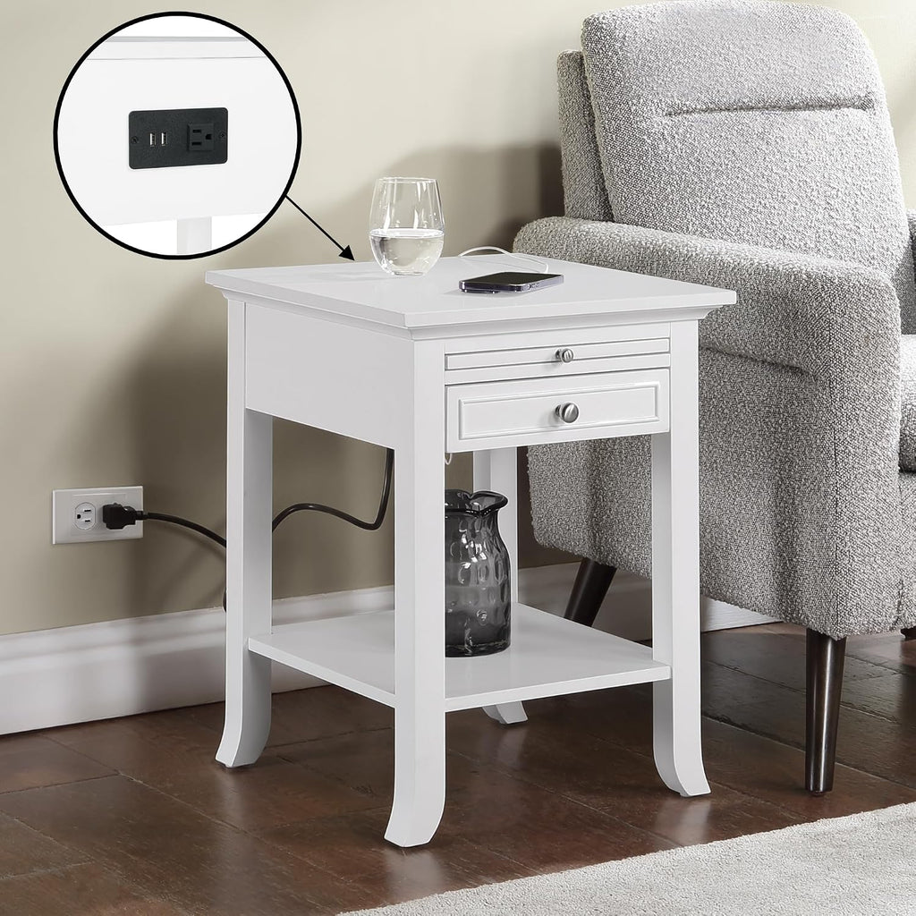 Convenience Concepts American Heritage Logan End Table with USB Ports & AC Outlet 18' - Square Living Room Side Table with Storage Drawer & Pull-Out Shelf, Bedroom Nightstand with Charging, White