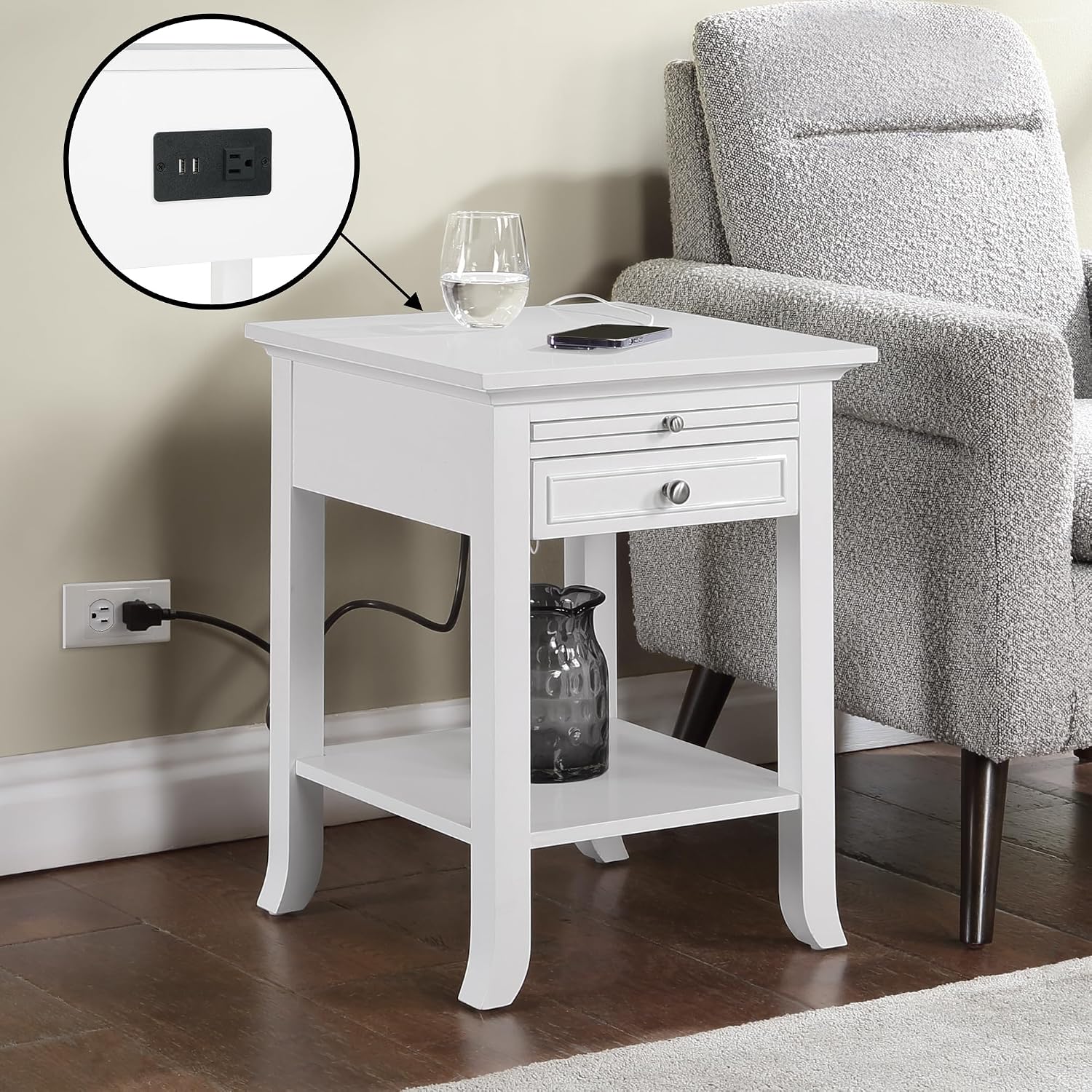 Convenience Concepts American Heritage Logan End Table with USB Ports & AC Outlet 18' - Square Living Room Side Table with Storage Drawer & Pull-Out Shelf, Bedroom Nightstand with Charging, White