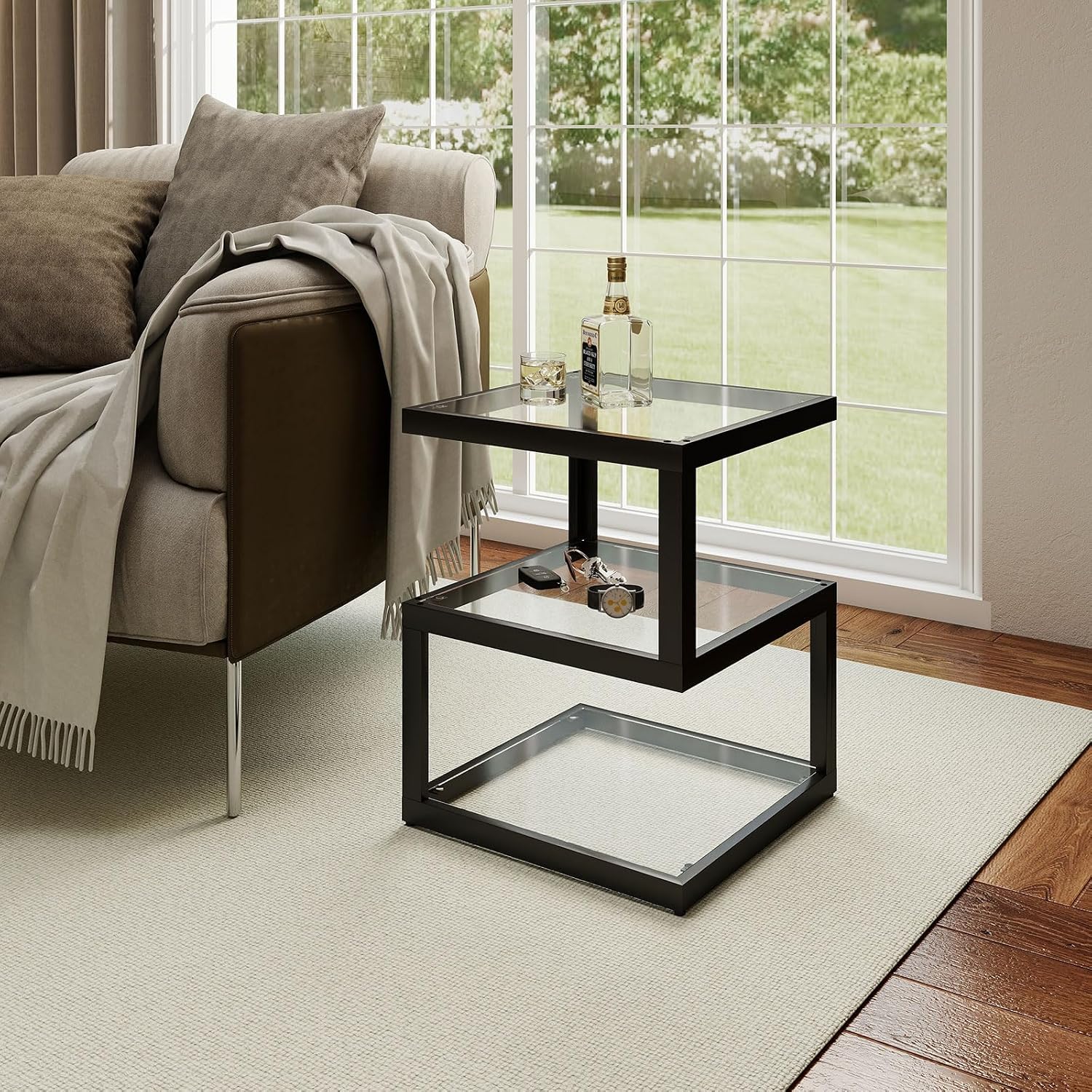 3-Tier Tempered Glass Side Table with Metal Frame, USB Port and Dimmable Blue LED Light Strip for Living Room & Bedroom 15.7' x 15.7' x 19.7' (Square)