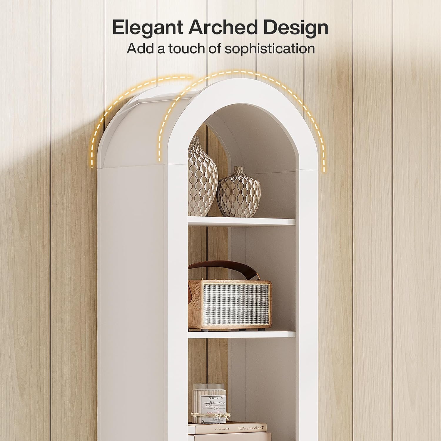 Tribesigns 74.8' Tall Arched Bookshelf, 6-Tier Narrow Open Bookcase, Floor Standing Corner Display Shelves Storage Organizer for Small Space, Home Office, Living Room (Warm White, 1 PC)