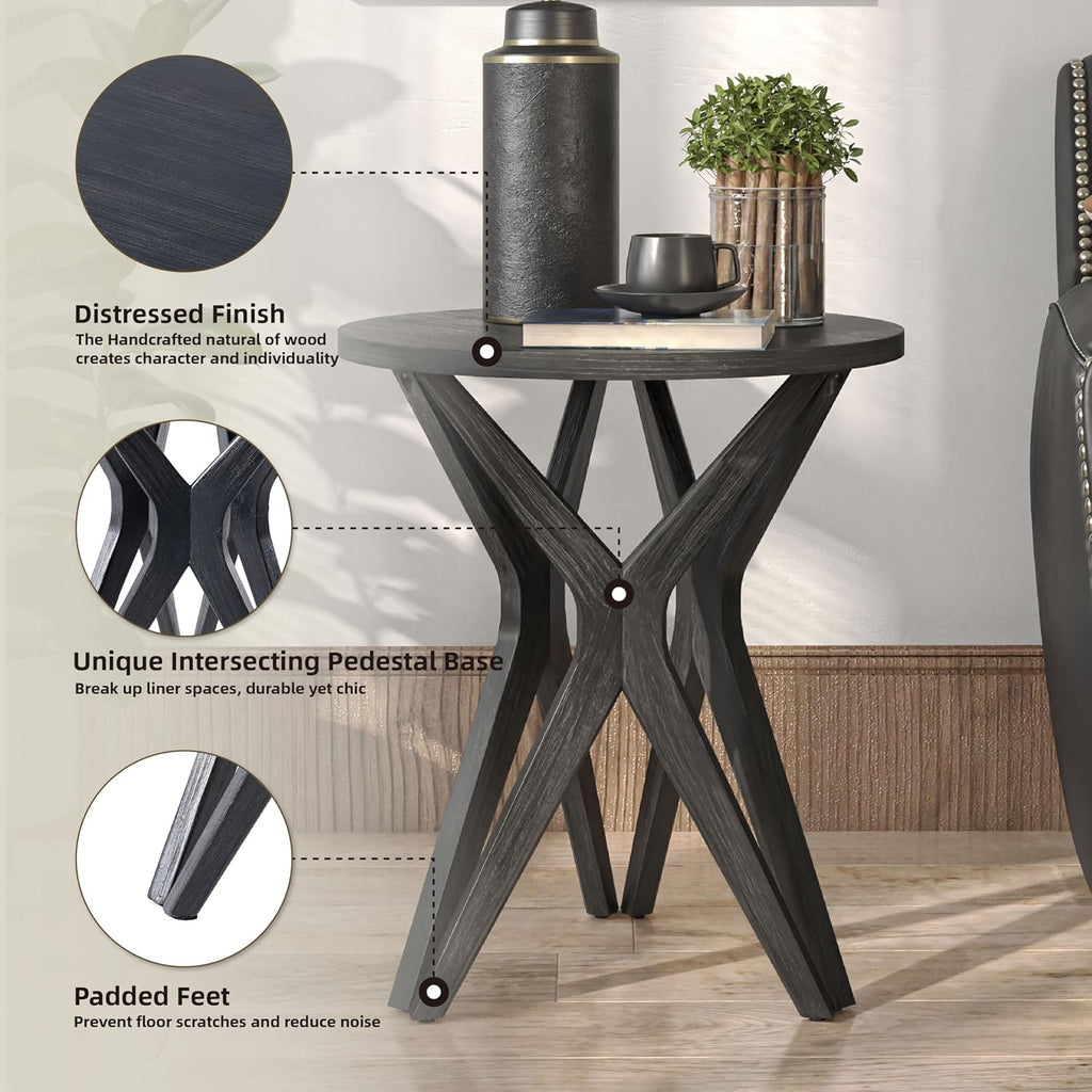 Pedestal Farmhouse End Table Set of 2, Distressed Top with Tripod Base Bedside Table for Living Room, Modern, Boho Decor, Round (2-Pack, Distressed Black)