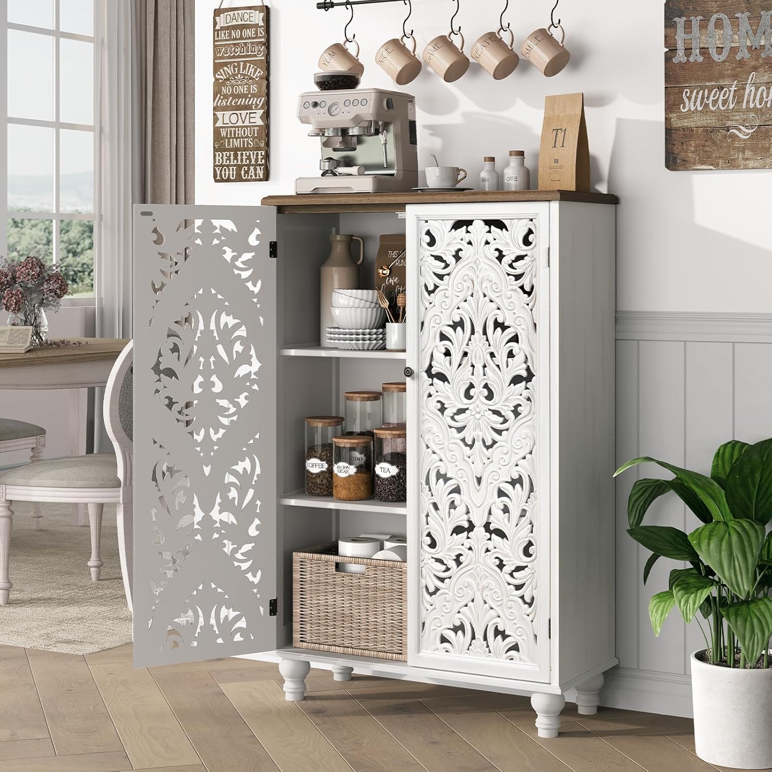 JOINICE 47' Tall Accent Cabinet with Carved Doors, Distressed White Wood Storage Cabinet with 3-Tier Shelves, Boho Farmhouse Sideboard Buffet for Small Spaces, Entryway & Living Room