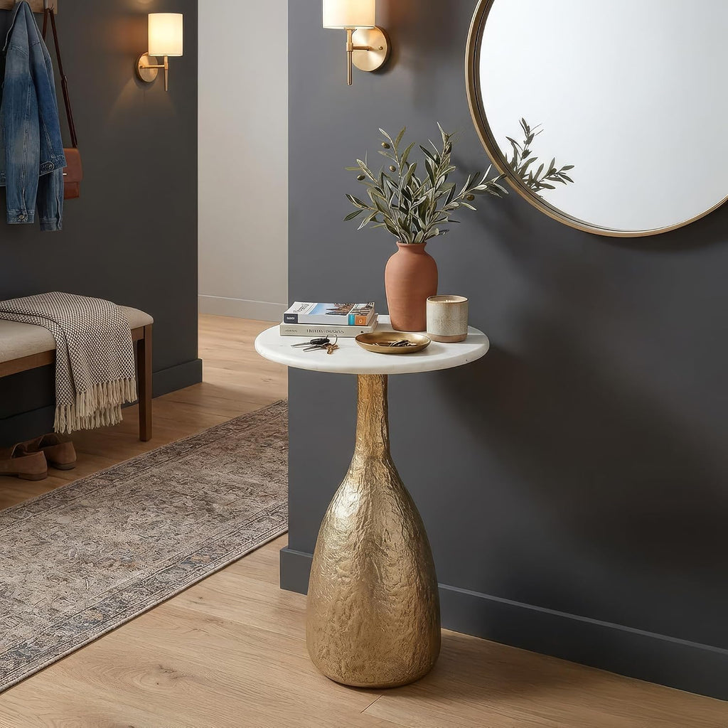 OBJET D'ART Small Round Gold End Tables, Tronc, 22'' Height, Vintage Metal Accent, Side, Pedestal, Coctail and Drink Tables for Living Room and Small Spaces