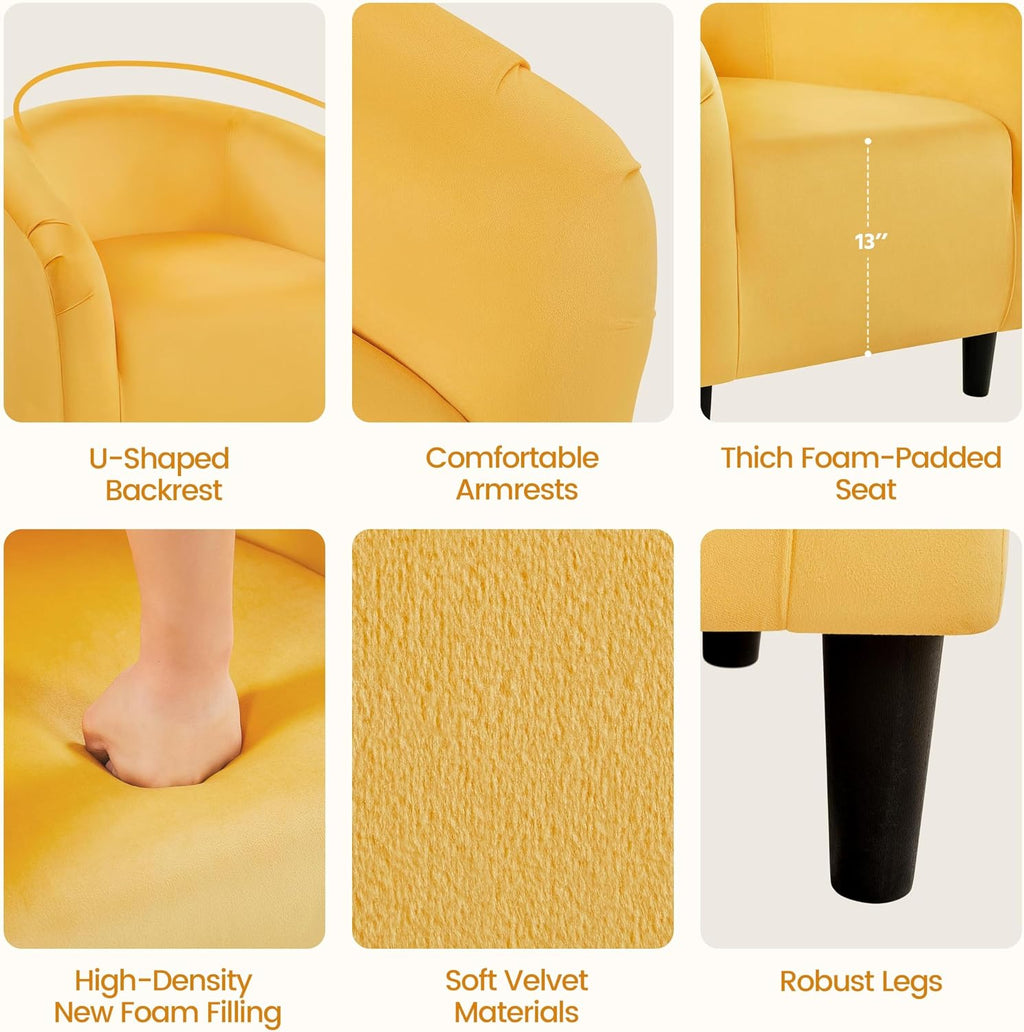 Yaheetech Barrel Chairs, Velvet Accent Chairs with Soft Padded Armrest for Living Room Bedroom Waiting Room Office, Set of 2, Yellow