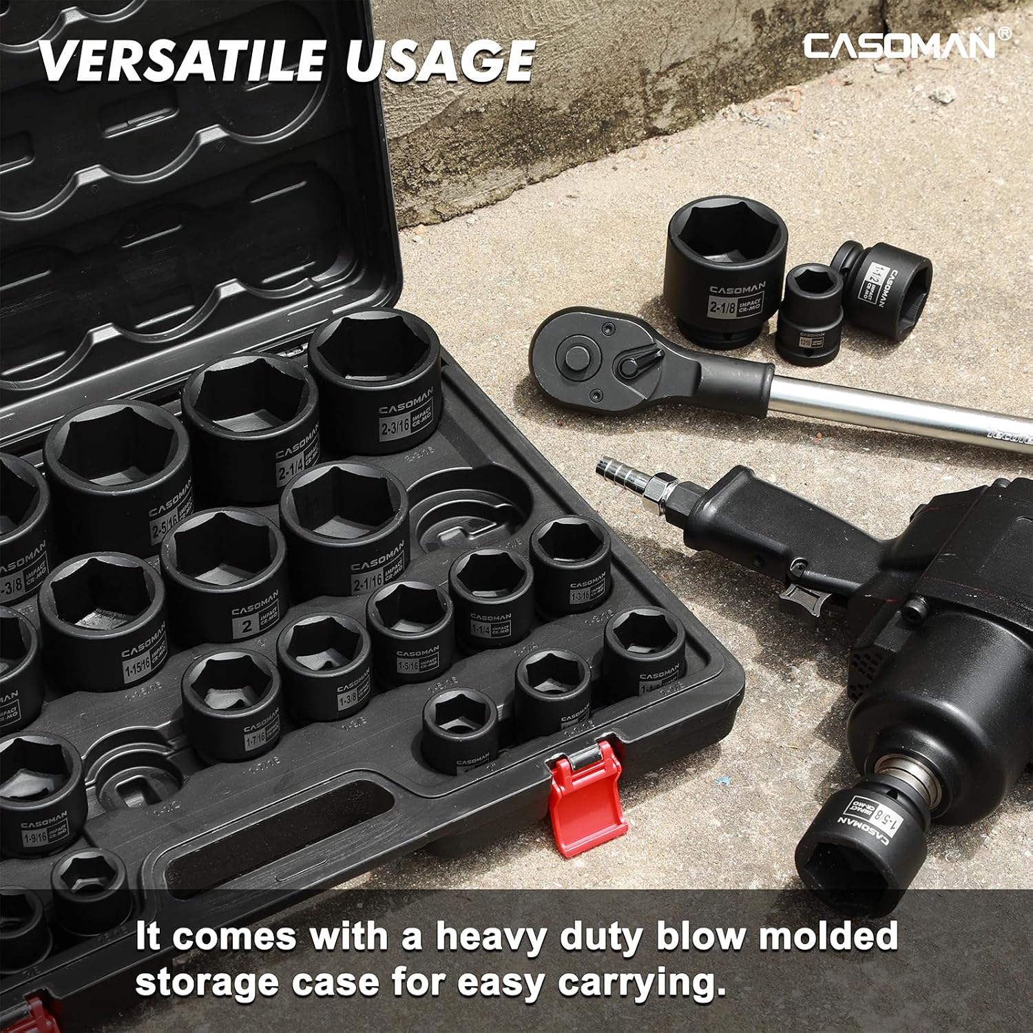 CASOMAN 29-Piece 3/4' Drive Shallow Spindle Axle Nut Impact Socket Set, 6-Point, Standard Large Socket Set, SAE (3/4' to 2-1/2'), CR-MO Steel, with Storage Case