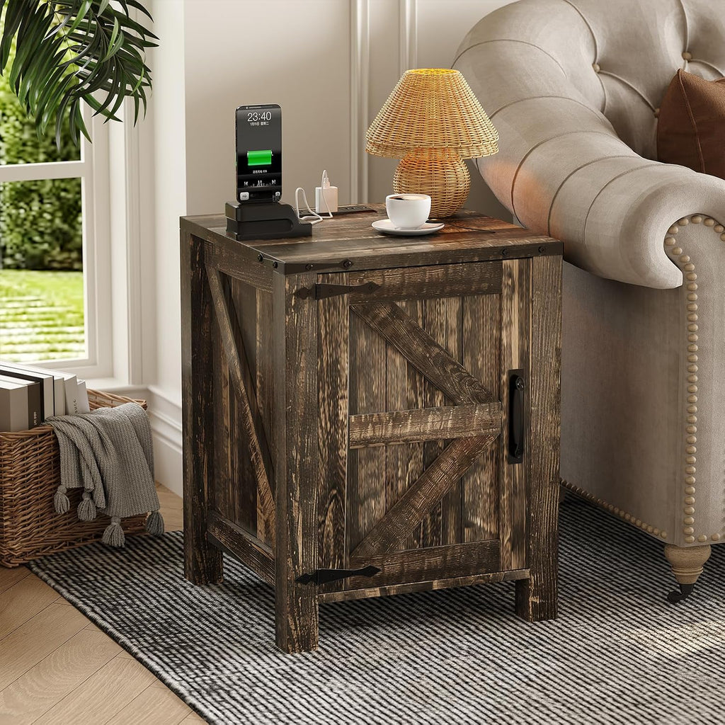 Garvee Rustic Farmhouse Nightstand with Charging Station, Barn Door and Adjustable Storage Shelf, Wooden Small Bedside Table, 18' Modern Two-Tier Nightstand & End Table for Bedroom (2, Dark Brown)