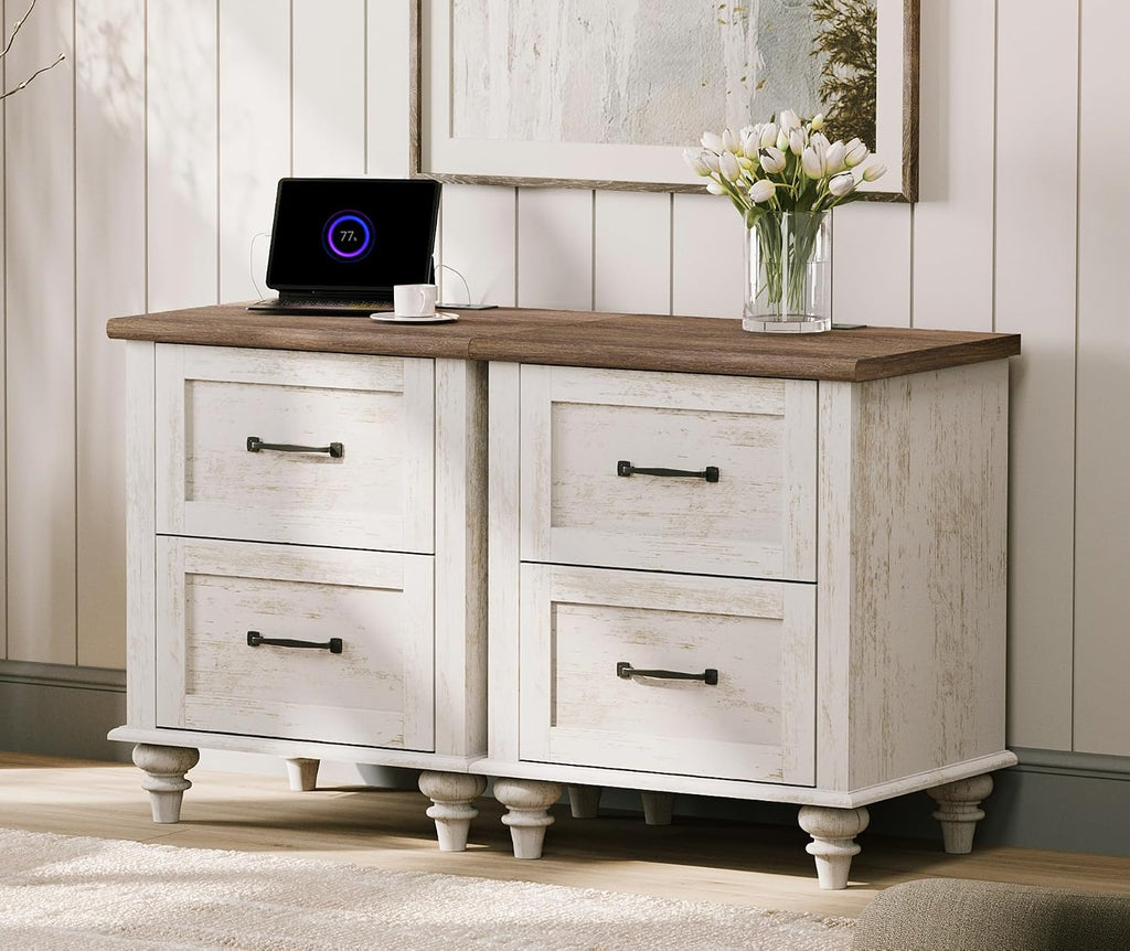 WAMPAT Set of 2 Nightstands Side Table with Charging Station, Antique White End Tables with 2 Drawers for Living Room, Elegant Night Stand Bedside Table for Bedroom, Dorm