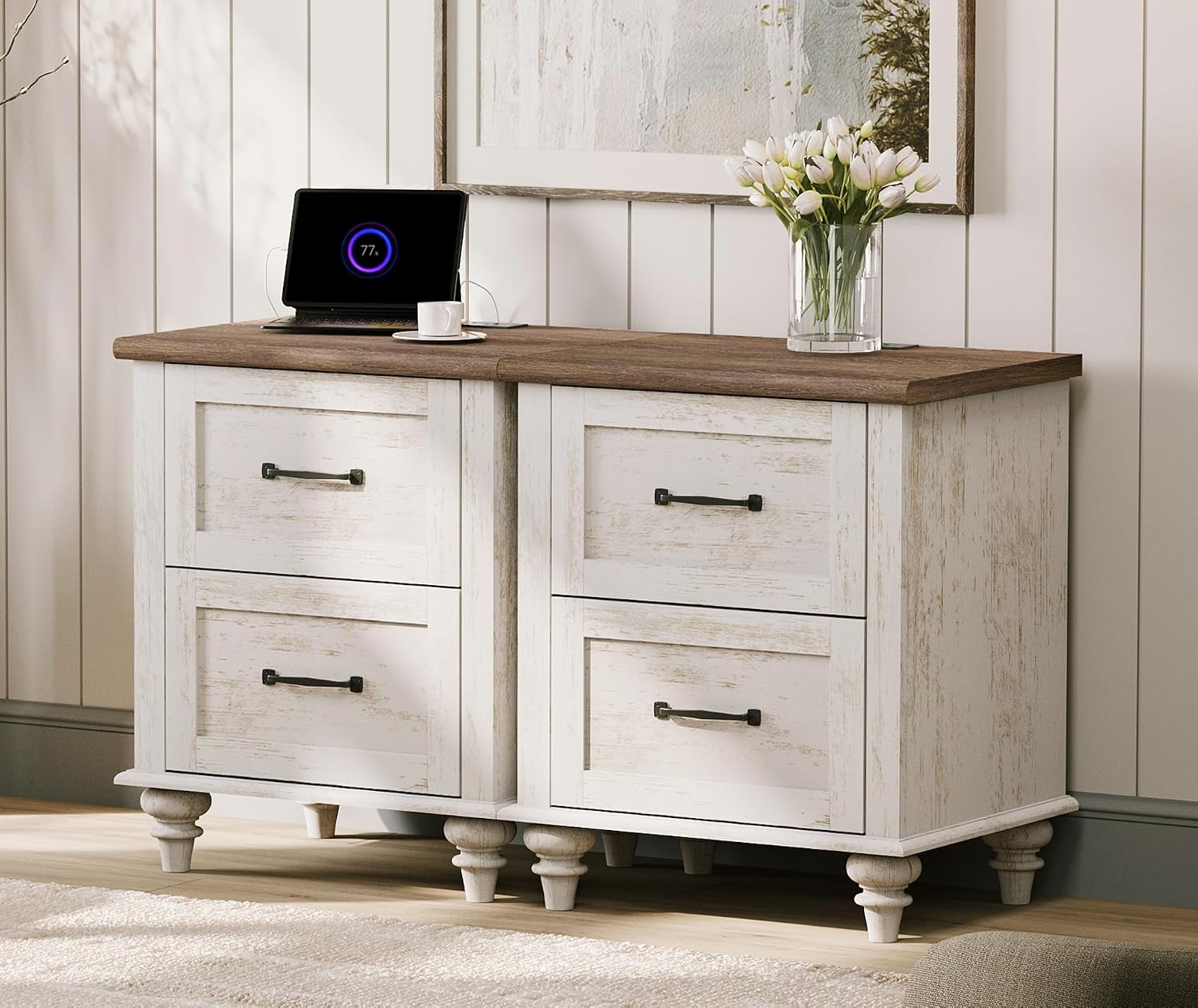 WAMPAT Set of 2 Nightstands Side Table with Charging Station, Antique White End Tables with 2 Drawers for Living Room, Elegant Night Stand Bedside Table for Bedroom, Dorm